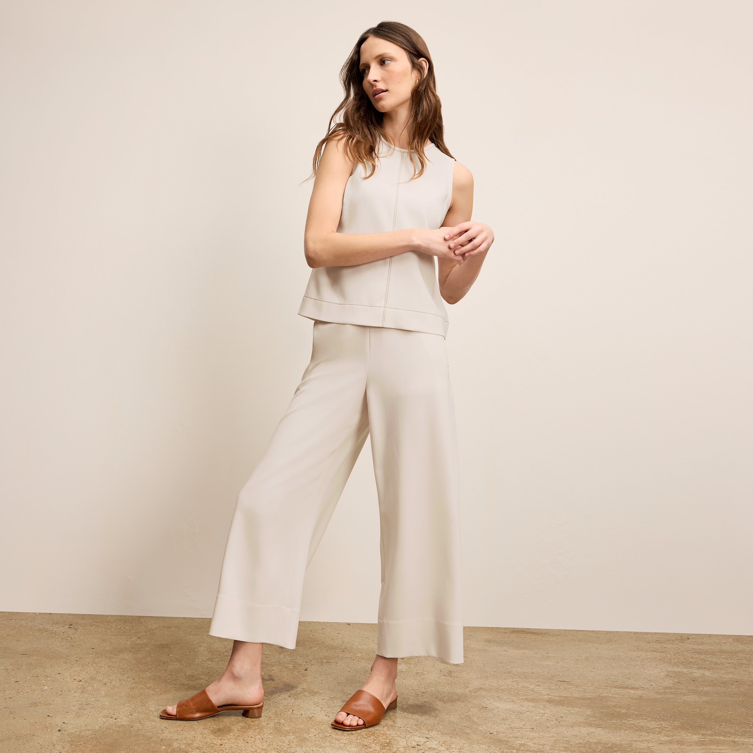 Elena Culotte Everyday Crepe Pants with Topstitch Detail - Comfortable Eggshell Women's Trousers for Work, Office & Casual Wear