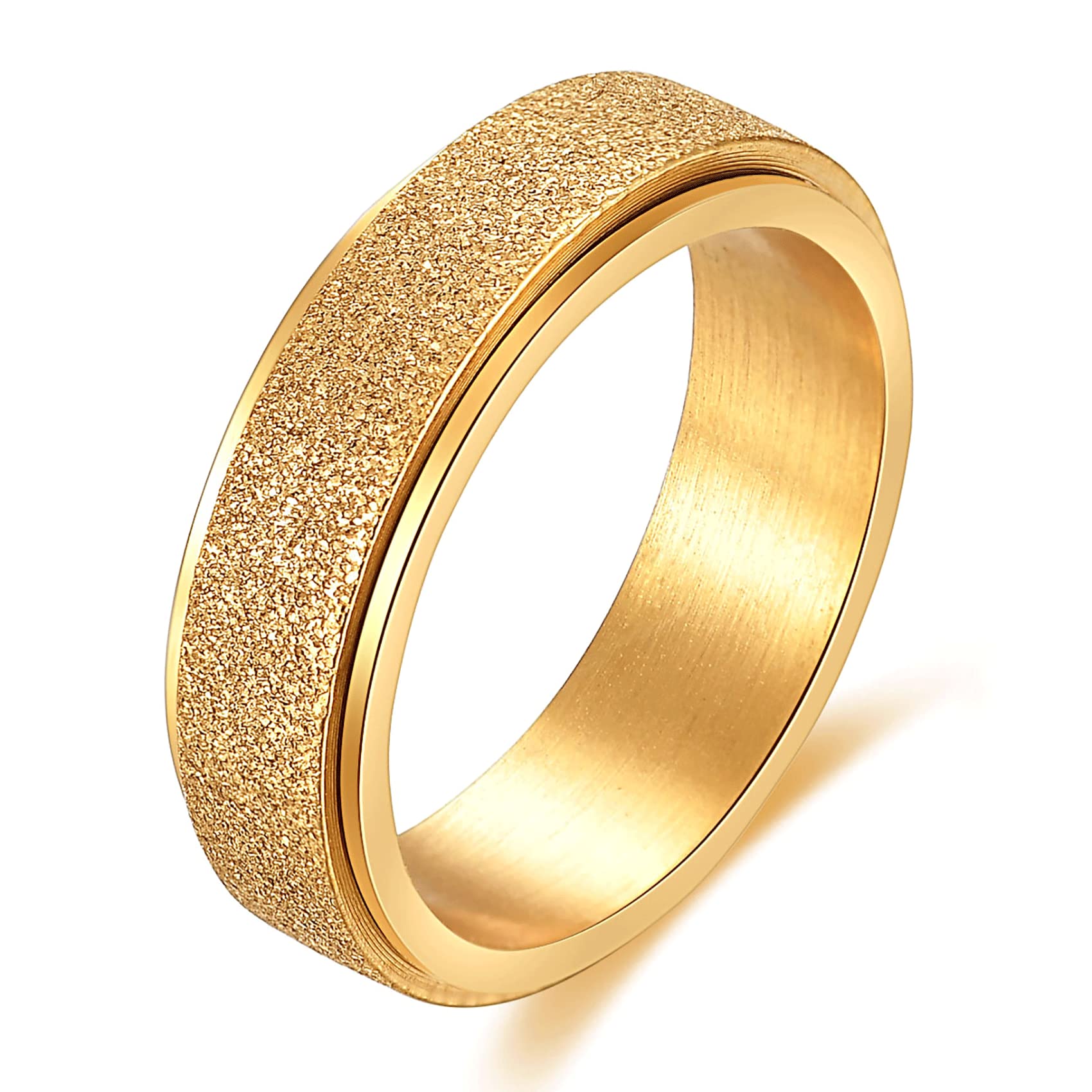 Anxiety Relief Spinner Ring for Women & Men - 6MM Stainless Steel Fidget Ring with Sand Blast Glitter Finish in Gold/Silver/Rose Gold/Black - Sizes 4-12 - Perfect for Stress Relief, ADHD, Anxiety & Focus Enhancement at Work or School