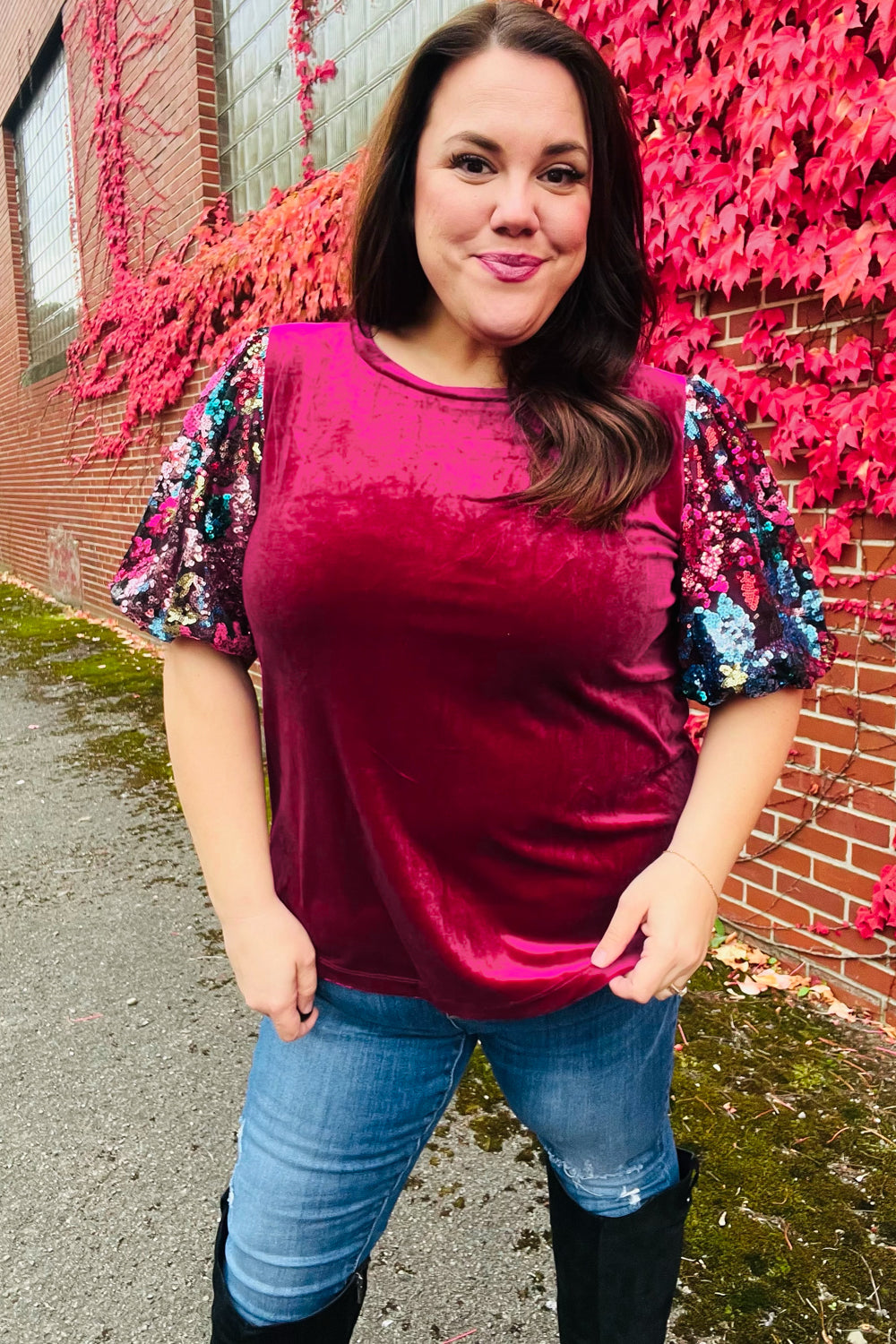 Diva Dreams Women's Sequin Floral Puff Sleeve Velvet Blouse - Elegant Party Top for Night Out, Dinner Date & Special Occasions