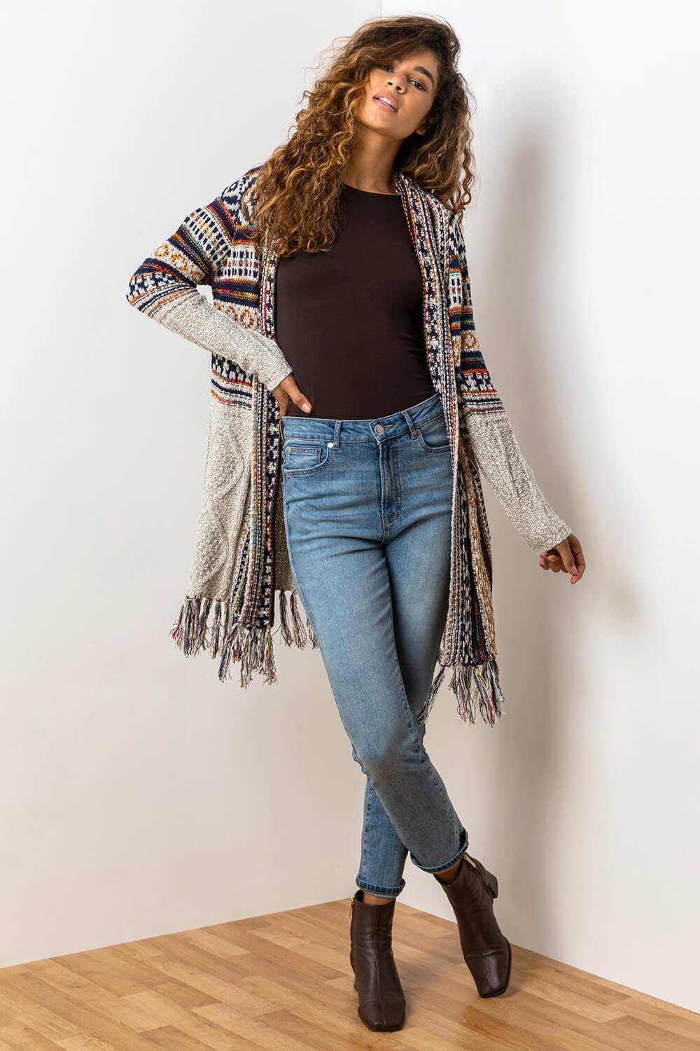 Roman Originals Women's Longline Cardigan - Cozy Open Front Coatigan with Tassel Details, Textured Yarn Pattern for Autumn & Winter | Perfect for Work, Casual Outings and Layering