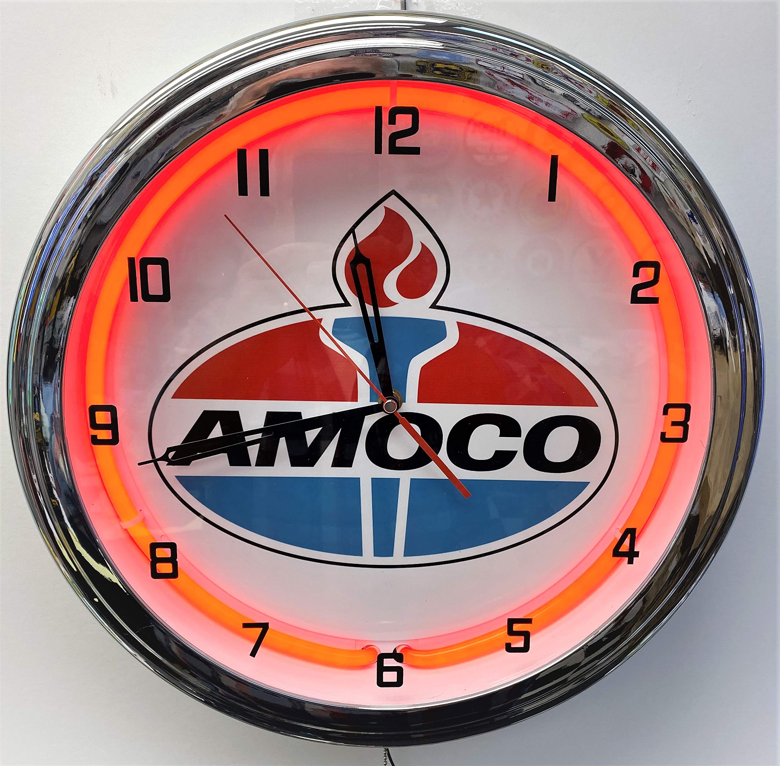 16 Inch AMOCO Oil Nostalgic Red Neon Wall Clock - Vintage Gas Station Decor for Garage, Man Cave, Bar & Retro Diner