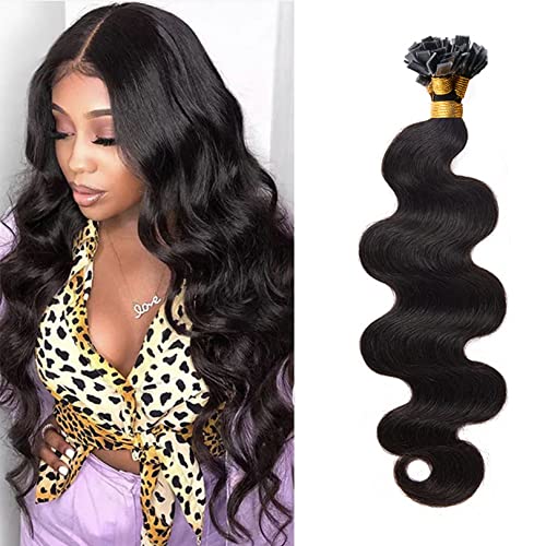 Brazilian Body Wave Flat Tip Human Hair Extensions 100 Strands - 28 Inch Keratin Fusion Hair (Darkest Brown) for Styling, Volume & Length - Perfect for Parties, Weddings & Everyday Wear