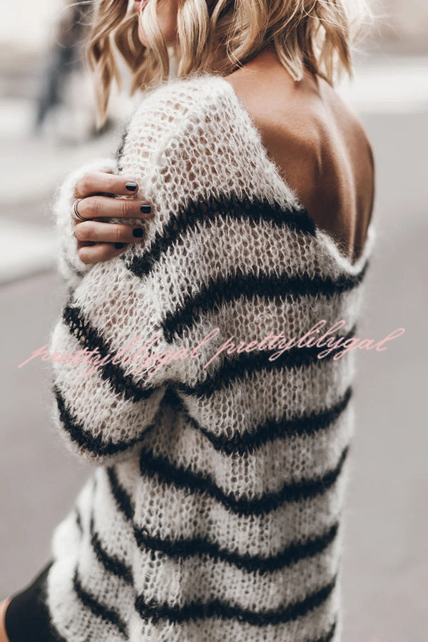Cozy Striped Knit Sweater for Women - Soft Fluffy Winter Pullover - Casual Loose Fit Long Sleeve Top for Fall & Winter | Perfect for Office, Date Night & Weekend Outings