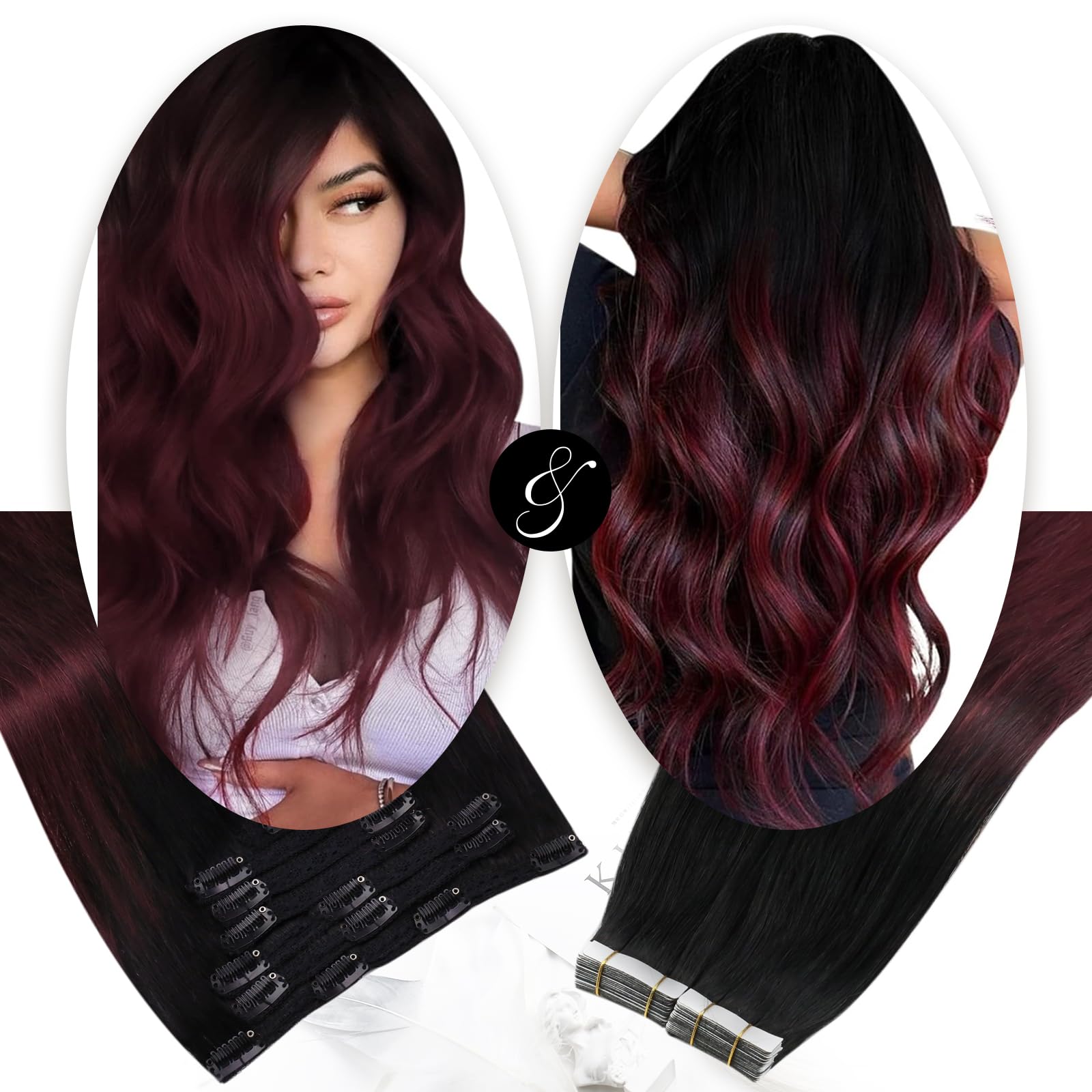 Premium Moresoo Burgundy Tape-In & Clip-In Hair Extensions - 20pcs/50g + 7pcs/120g Balayage Black to Red Wine Human Hair Bundle for Length & Volume | Perfect for Parties, Weddings & Daily Styling
