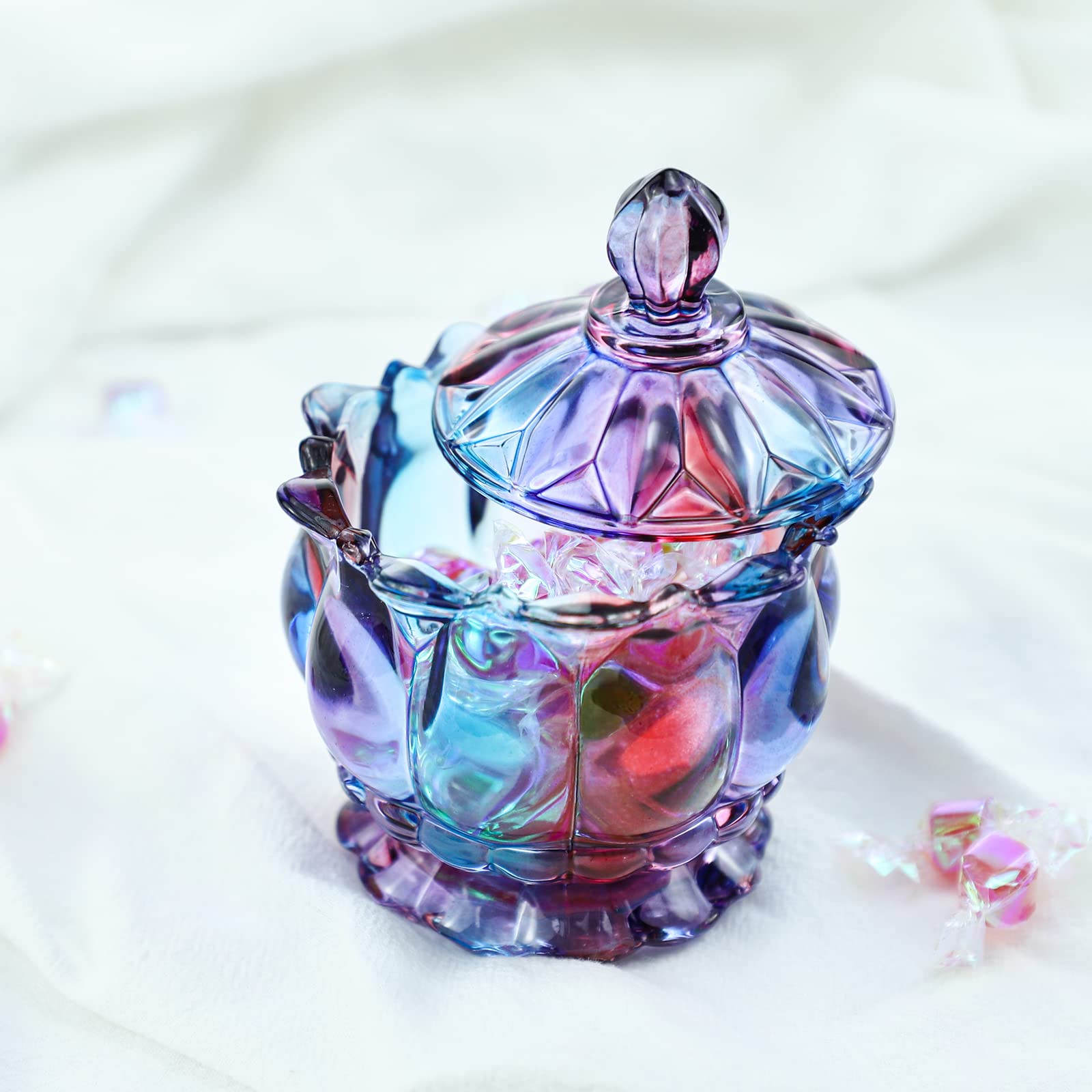 Royal Embossed Clear Glass Apothecary Jar with Lid - 7oz Wedding Candy Buffet Container, Crystal Jewelry Storage Box, Food Storage Jar (Flower Purple) - Perfect for Party Decor, Candy Display, Bathroom Organizer & Home Decor
