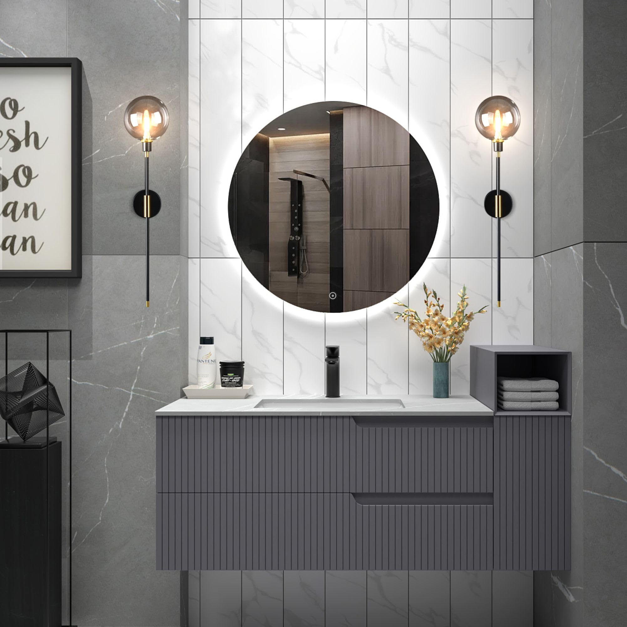 Modern Glass Globe Wall Sconce Light Set of 2 - Brass & Black Contemporary Lighting with Smoke Glass for Hallway, Bedroom, or Living Room - Large Long Sconce Wall Lights for Home Decor