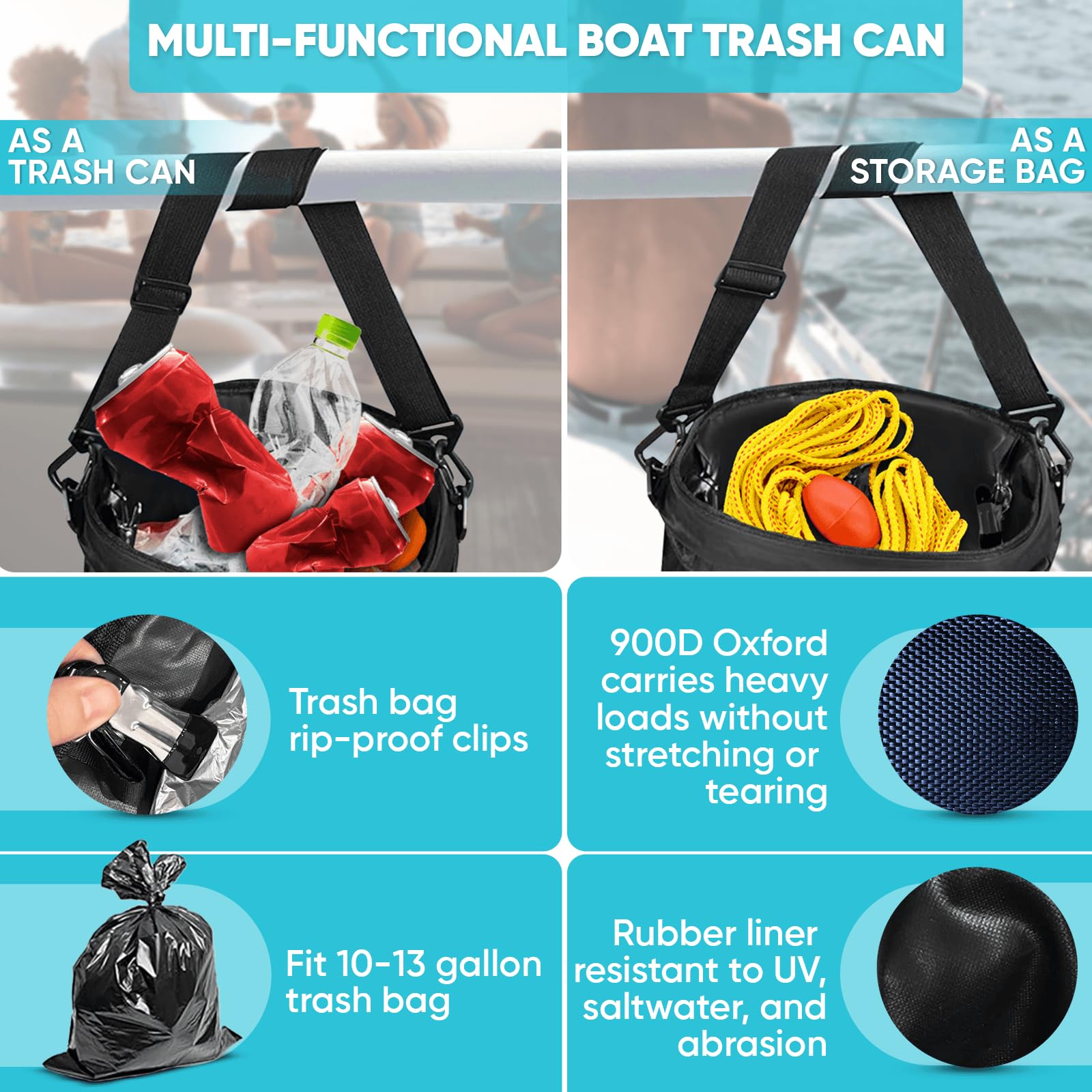 **Wizcave Leakproof Boat Trash Bag – Portable & Reusable 10-13 Gallon Garbage Can with Clips – Ideal for Pontoon Boats, Kayaks, Camping & RV Trips – Navy Blue – Perfect for Marine Storage & Outdoor Adventures**