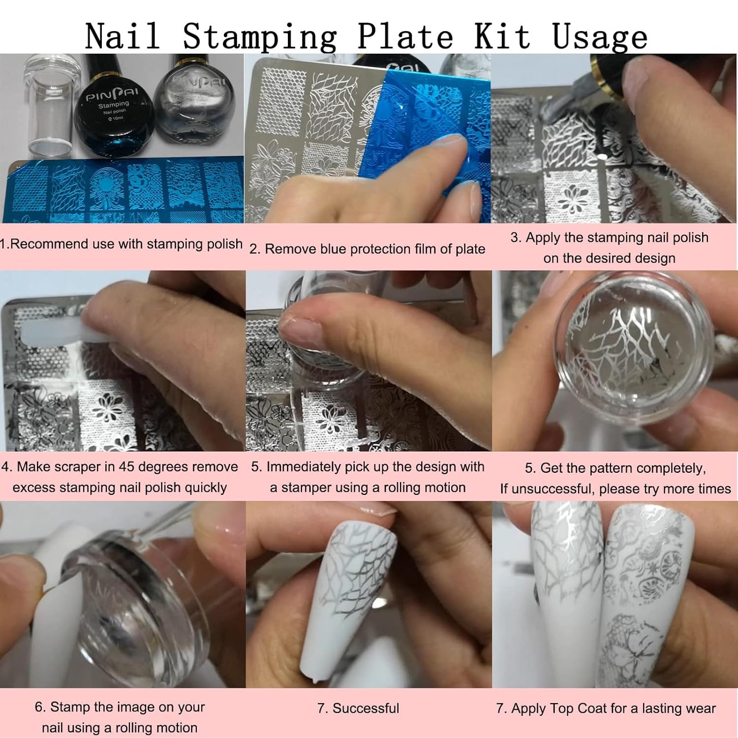 AddFavor 6pcs Nail Stamper Kit - French Nail Stamping Plates with Heart & Geometric Designs, Includes Silicone Stamp & Scraper - Professional Nail Art Tools for Women DIY Manicure at Home or Salon