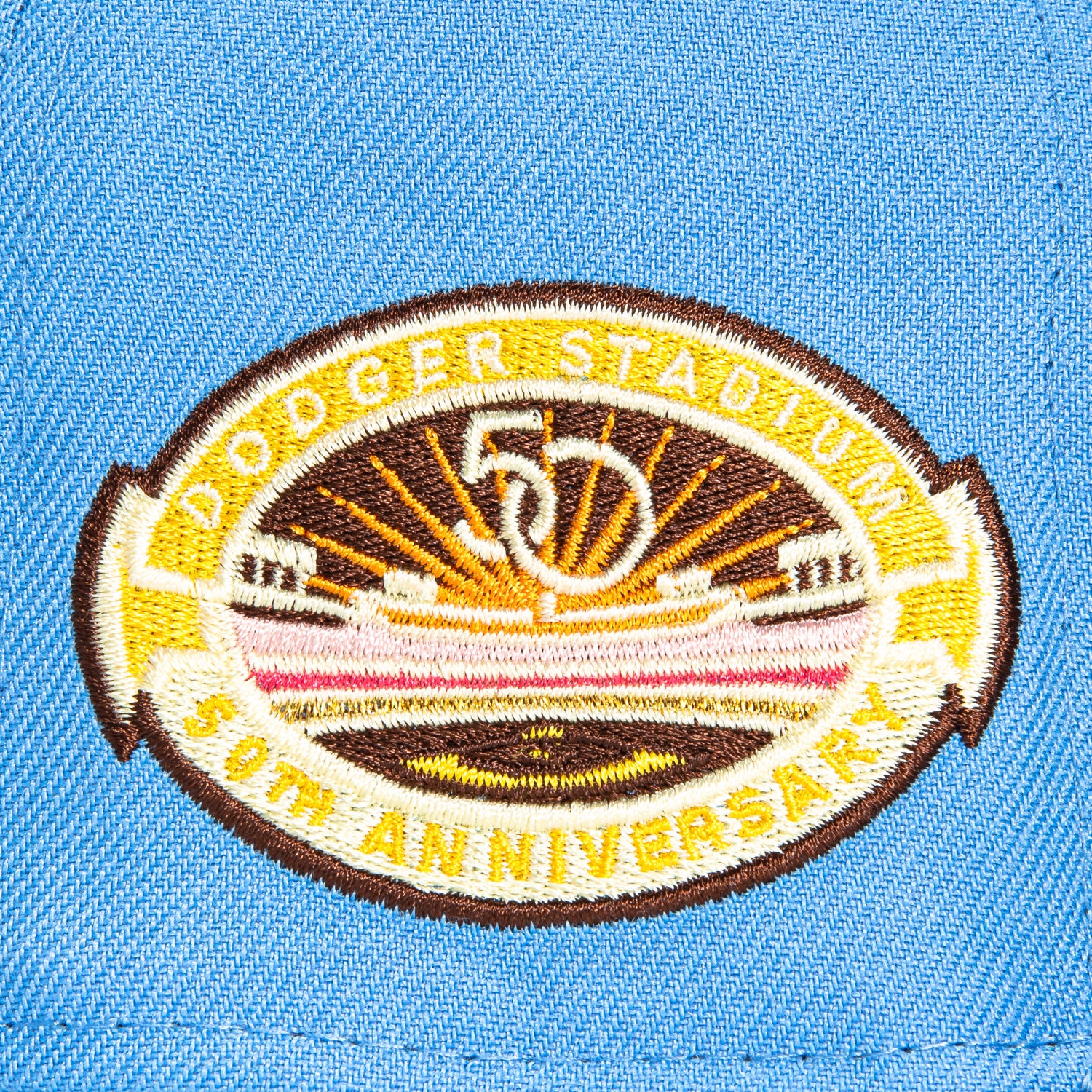 New Era 59Fifty Los Angeles Dodgers 50th Anniversary Patch Snapback Hat - Light Blue, Brown & Gold - Perfect for Baseball Games, Sports Events & Casual Wear