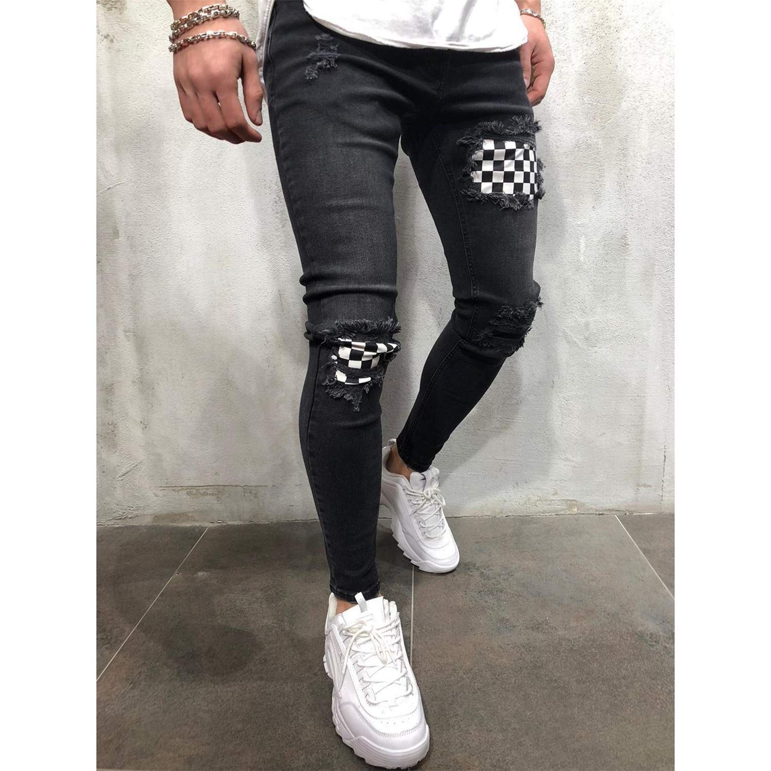 Andongnywell Men's Ripped Skinny Slim Fit Distressed Denim Jeans with Zipper - Fashion Casual Stretch Pants for Streetwear & Night Out (Black, Medium)