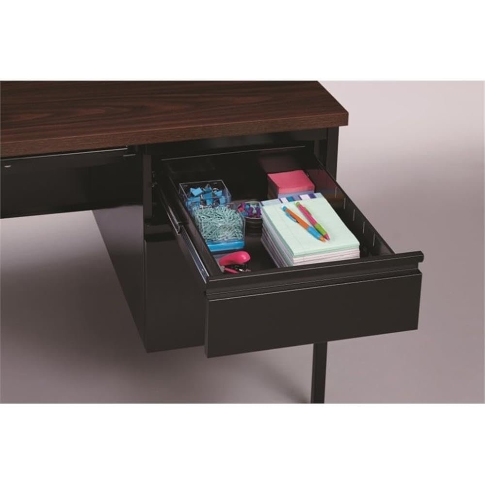 Pemberly Row Double Pedestal Metal Office Desk with Center Drawer - Black/Walnut Finish - Modern Home Office & Workspace Desk for Professionals & Students