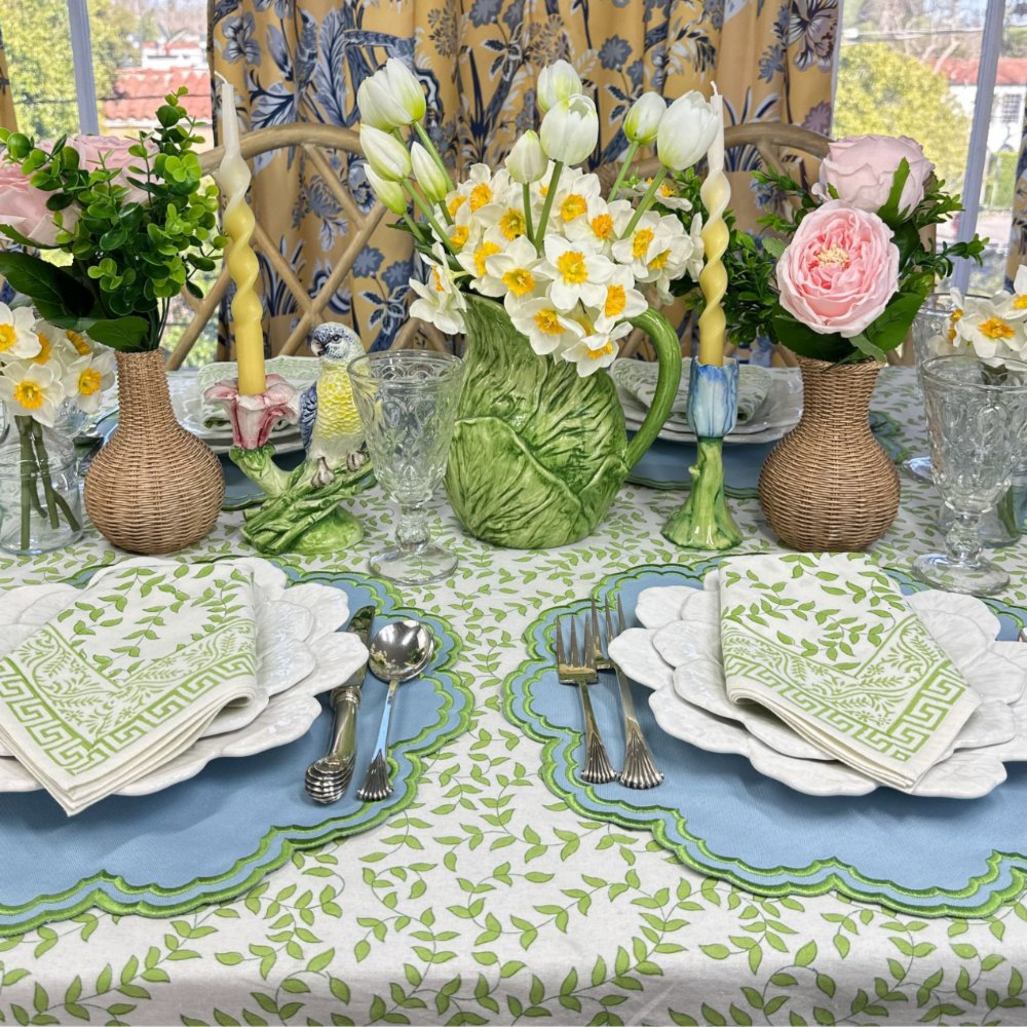 Bettina Placemat Set of 4 - Blue & Green Cotton Table Mats for Dining Room, Kitchen, or Outdoor Picnic Use