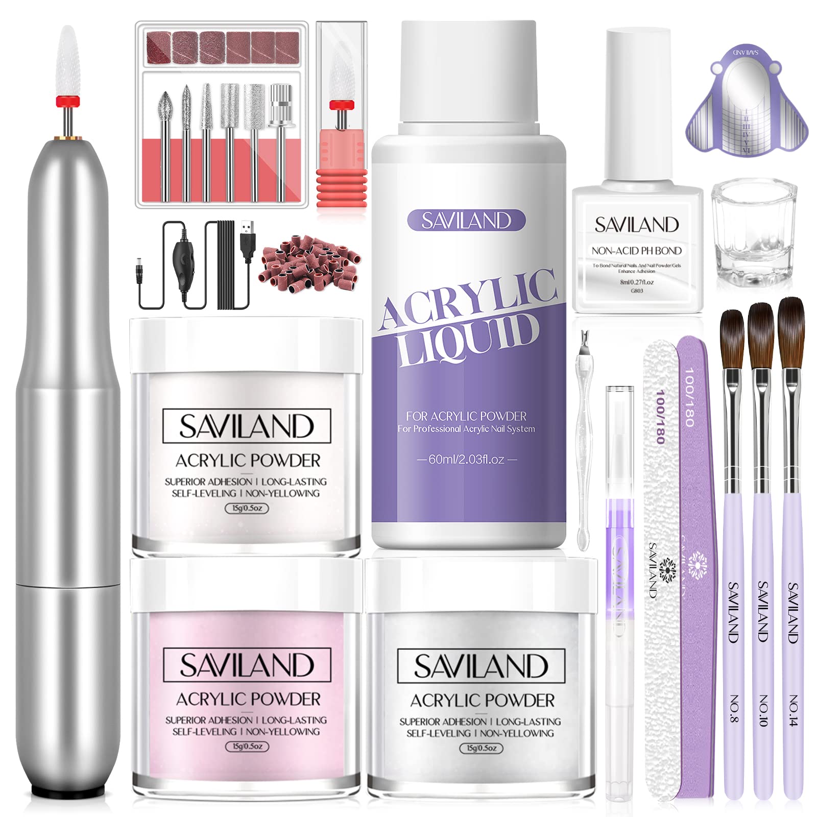 SAVILAND Professional Acrylic Nail Kit with Electric Drill - Clear Pink White Acrylic Powder & Liquid Set, Nail Brush & Tools for Beginners | DIY Nail Extensions & Home Salon Manicures | Perfect for Nail Art, French Tips & Gel Polish Application