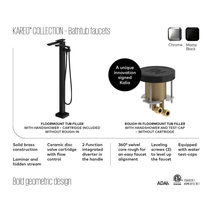 KALIA KAREO Chrome Floor Mount Tub Filler with Hand Shower - Modern Bathroom Faucet for Freestanding Tubs, Luxury Spa Experience at Home