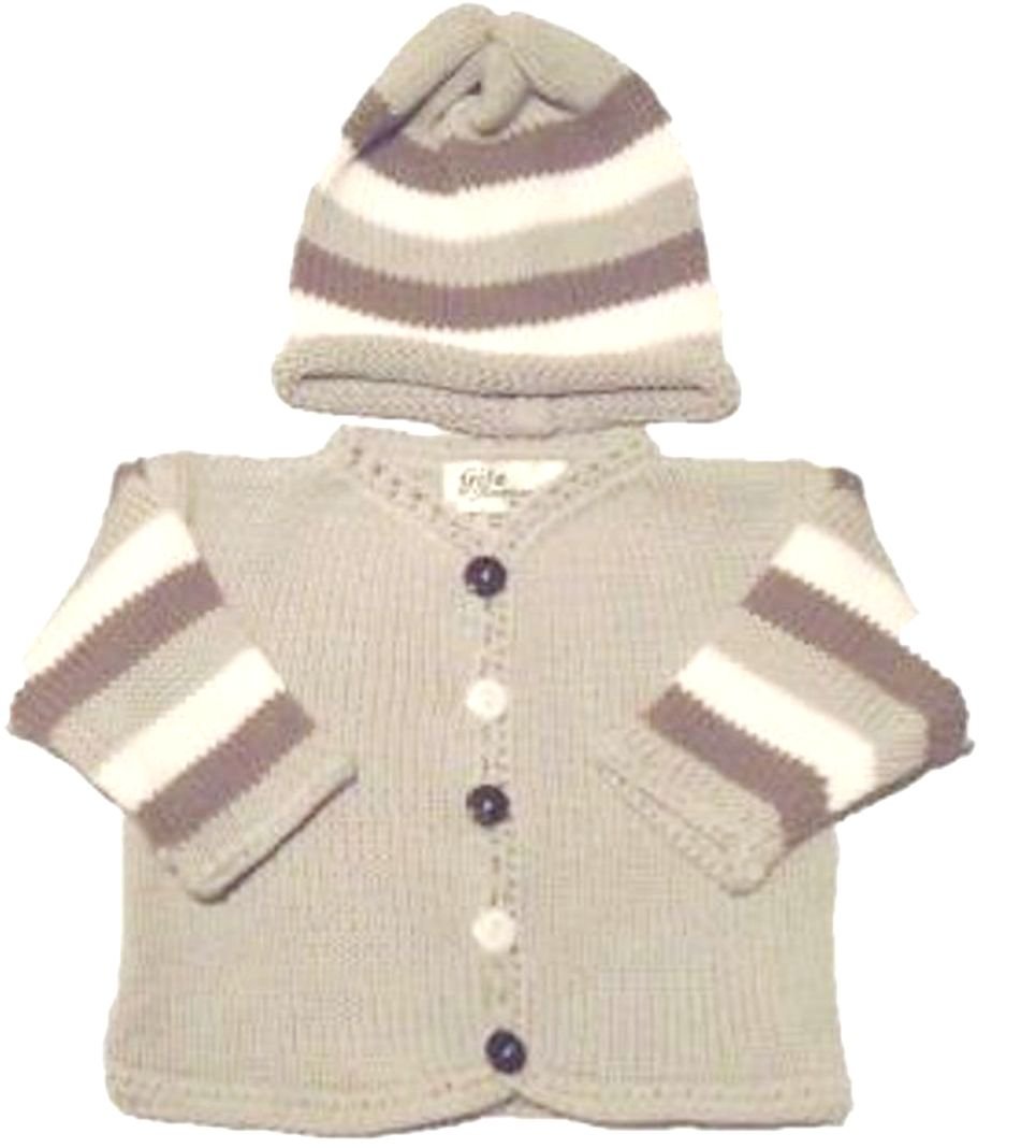 Light Grey Cotton Striped Knit Cardigan & Crochet Hat Set for Women - Cozy Winter Outfit for Casual Wear, Outdoor Activities & Photoshoots