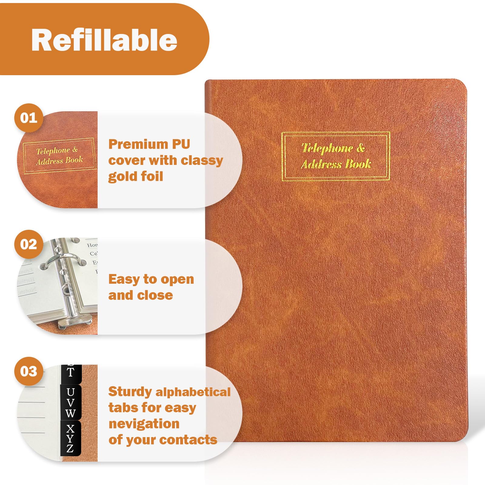 Refillable Hardcover Address Book with Alphabetical Tabs - 384 Contact Organizer for Christmas Cards & Gift Tracking | Large Print Senior Phone Book | Password Combo Notebook | A5 Brown Leather | Perfect for Holiday Planning & Family Record Keeping