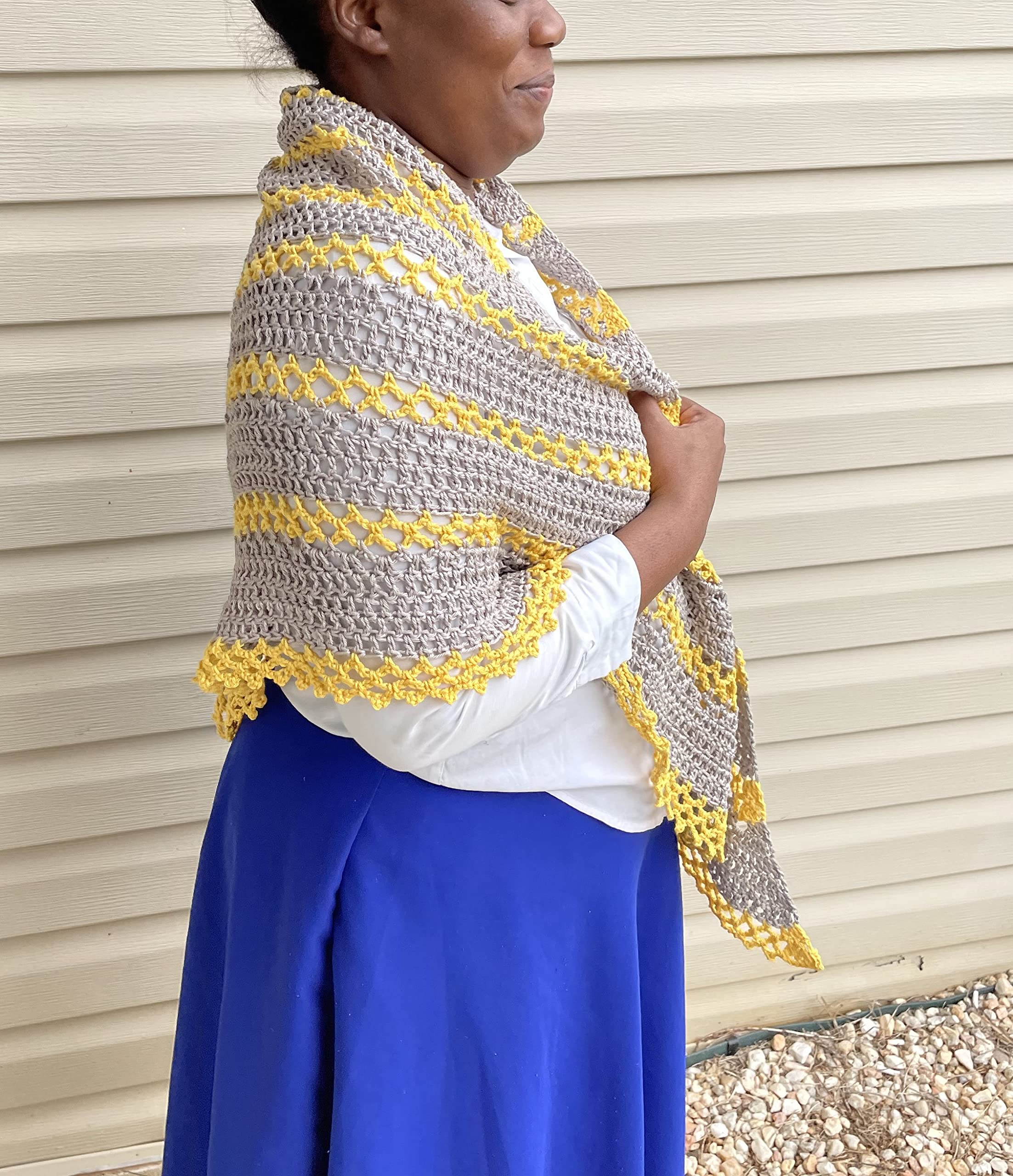 Gray and Yellow Striped Lacy Crochet Shawl - Large Triangle Wrap Scarf with Mesh Lace Design, 100% Pure Cotton - Perfect for Beach Cover-Up, Boho Fashion & Evening Events