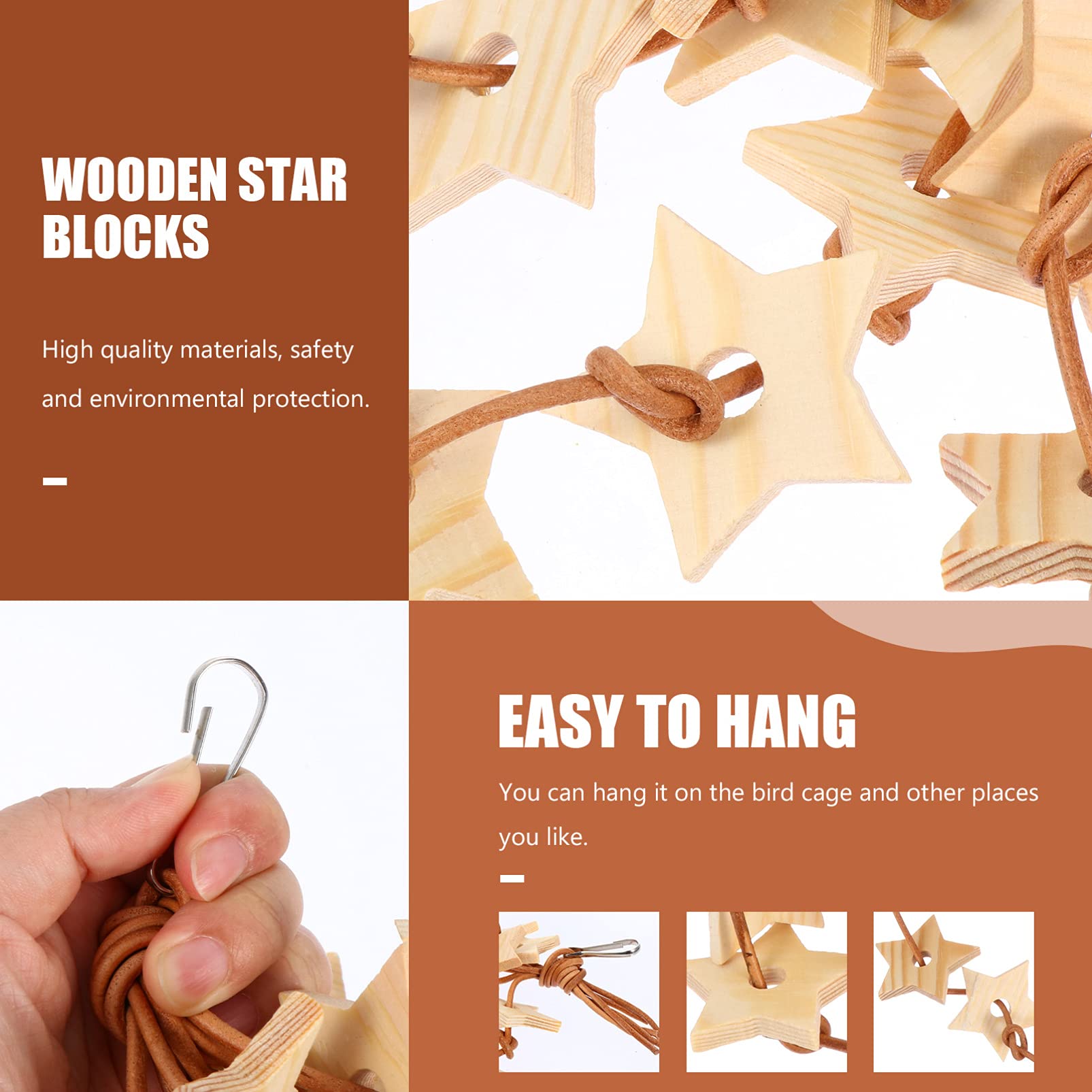 Balacoo Wooden Star Chew Toy for Parrots - Hanging Cage Toy for Birds, Chewing & Grinding Pendant - Natural Wood Molar Toy for Parrot Beak Care - Perfect for Playtime & Stress Relief in Bird Cages