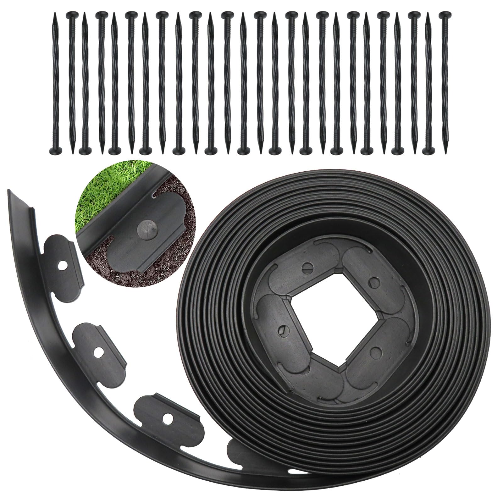 Heavy Duty 33FT Rubber Landscape Edging with 30 Stakes - No Dig Garden Border for Flower Beds, Lawns & Yards - Weatherproof & Flexible Yard Edging for Easy DIY Landscaping (Black)