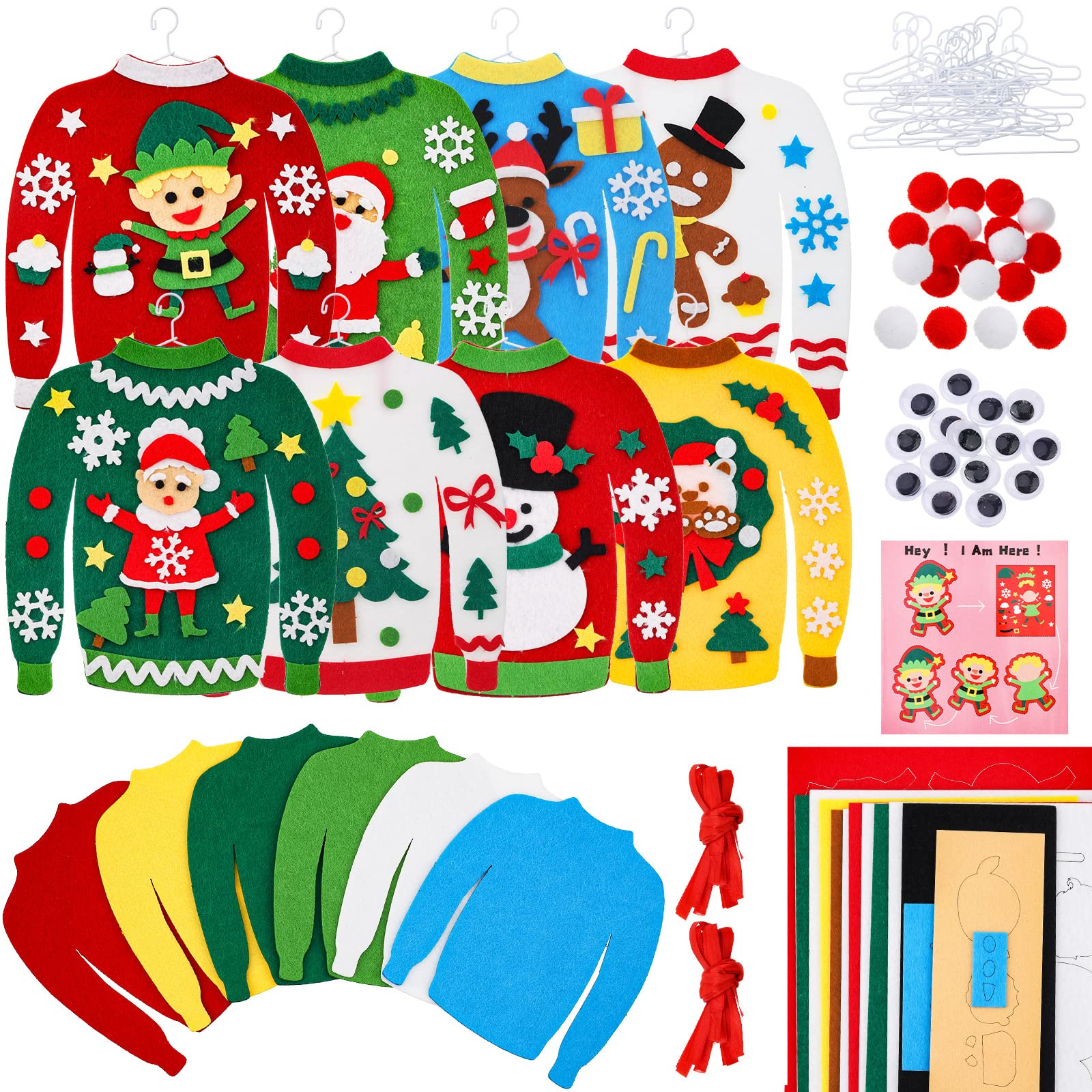 Jetec 16-Piece Christmas Ugly Sweater DIY Craft Kit - Felt Ornament Sewing Set for Adults with 8 Festive Designs | Perfect for Holiday Parties, Gift Making & Family Crafting Activities