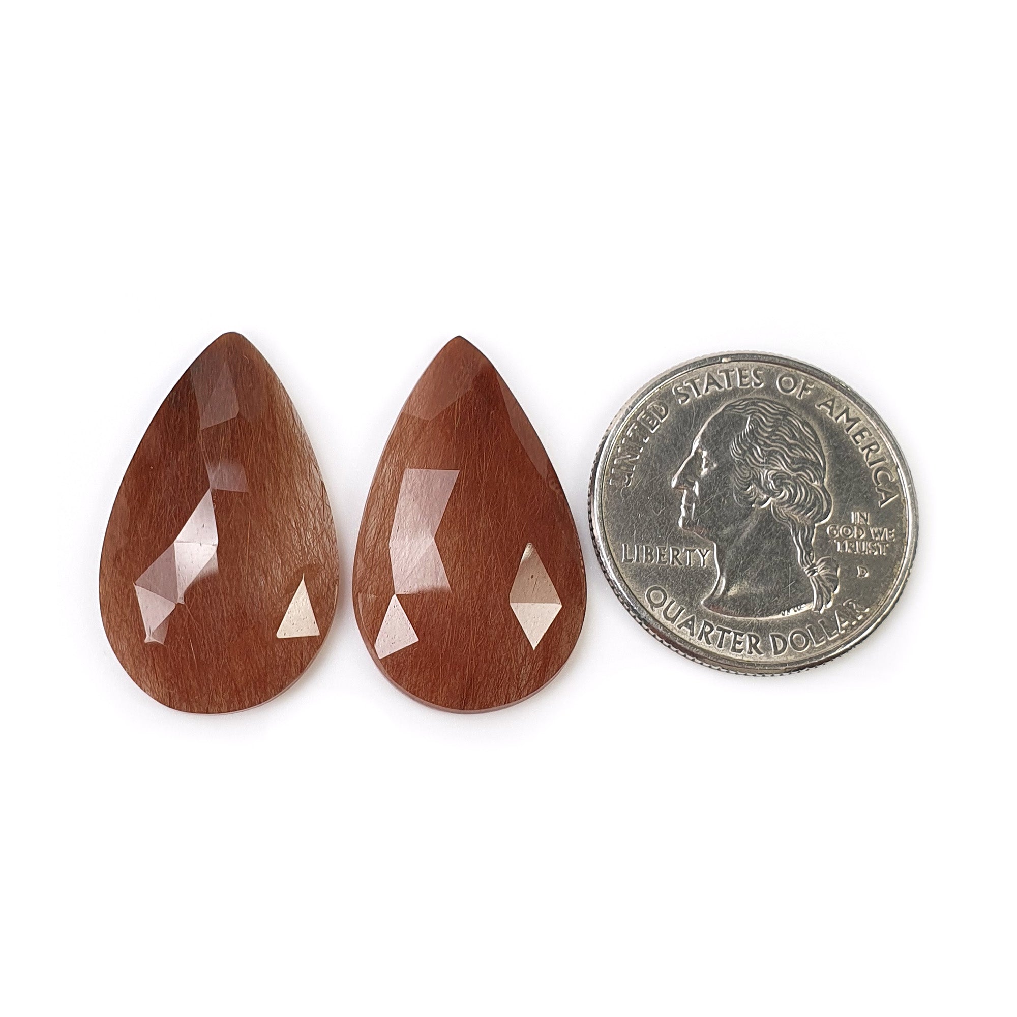 Natural Brown Rutile Quartz Gemstone Rose Cut - 28.00cts Untreated Pear Shape 28x17mm Pair (With Video) - Perfect for Jewelry Making, Healing Crystals & Mineral Collections