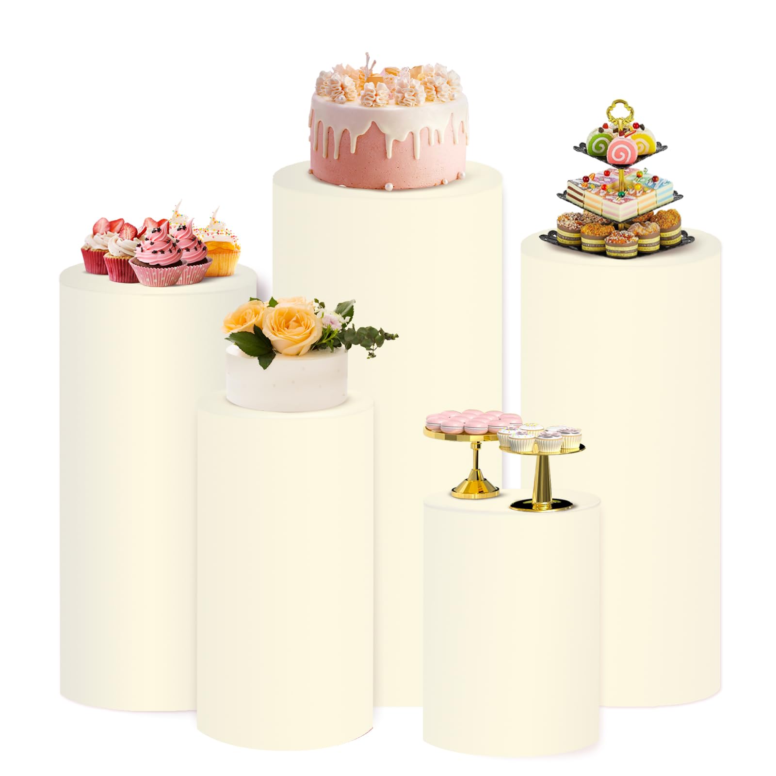 5-Pack Beige Spandex Cylinder Pedestal Stand Covers - Round Table Covers for Wedding, Baby Shower & Birthday Party Decor - Perfect for Display Boxes, Plinths & Event Decorations