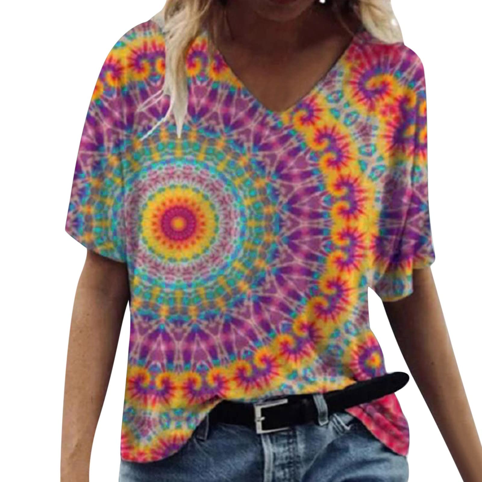 iLUGU Women's Fashion Full Body Printed V-Neck Short Sleeve Casual Blouse - Stylish Long Sleeve Tops for Work, Party & Everyday Wear