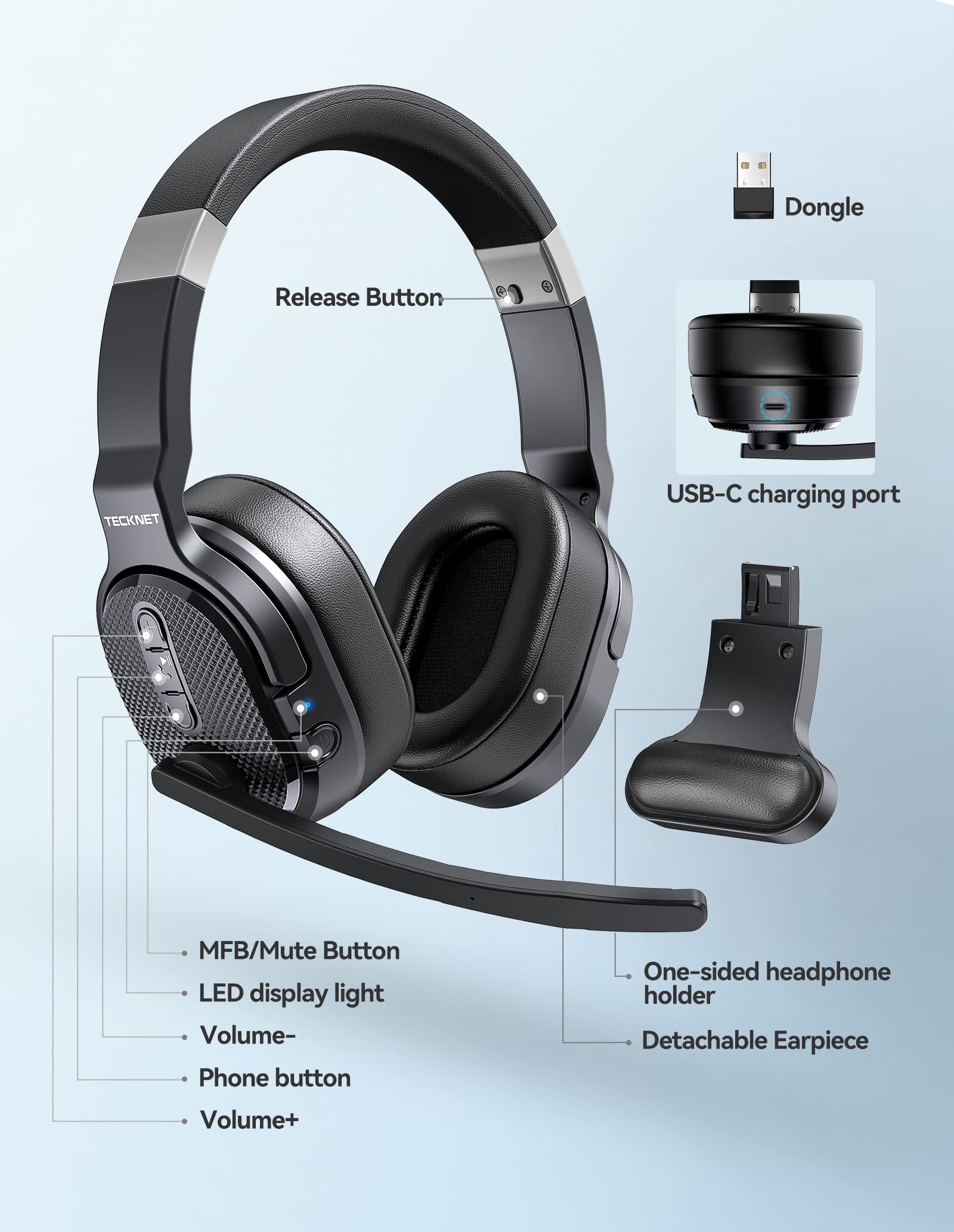 TECKNET Wireless Bluetooth Headset with Microphone - Noise Cancelling 2-in-1 Headphones, 3 EQ Modes, Detachable Boom Mic for Computer, Teams, Skype - Perfect for Office, Call Center, Remote Work & Online Meetings