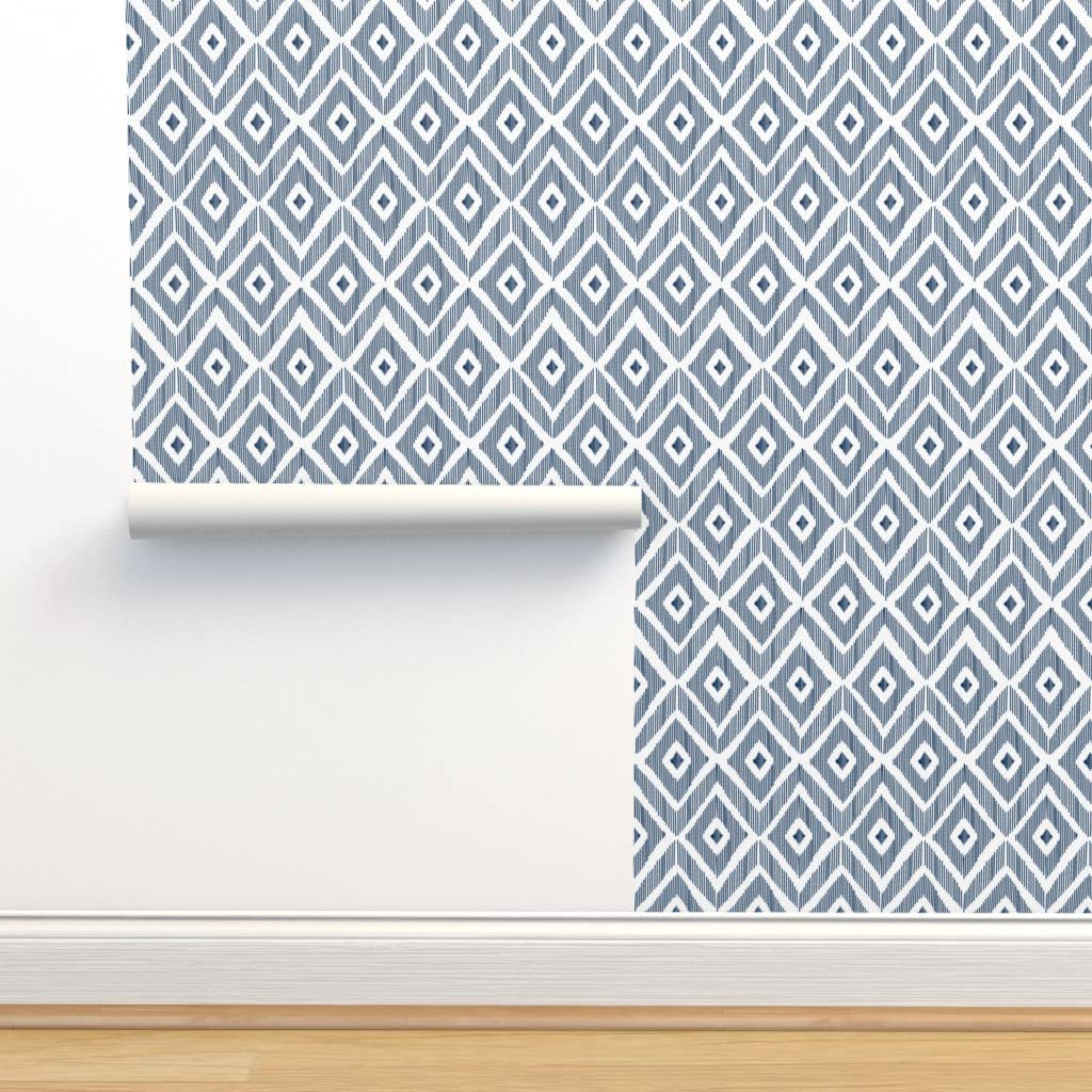 Peel & Stick Wallpaper 12ft x 2ft - Navy Blue Ikat Geometric Pattern with Diamond Triangle Lines | Removable Self-Adhesive Wallpaper for Living Room, Bedroom & Nursery | Gender Neutral Home Decor by Spoonflower