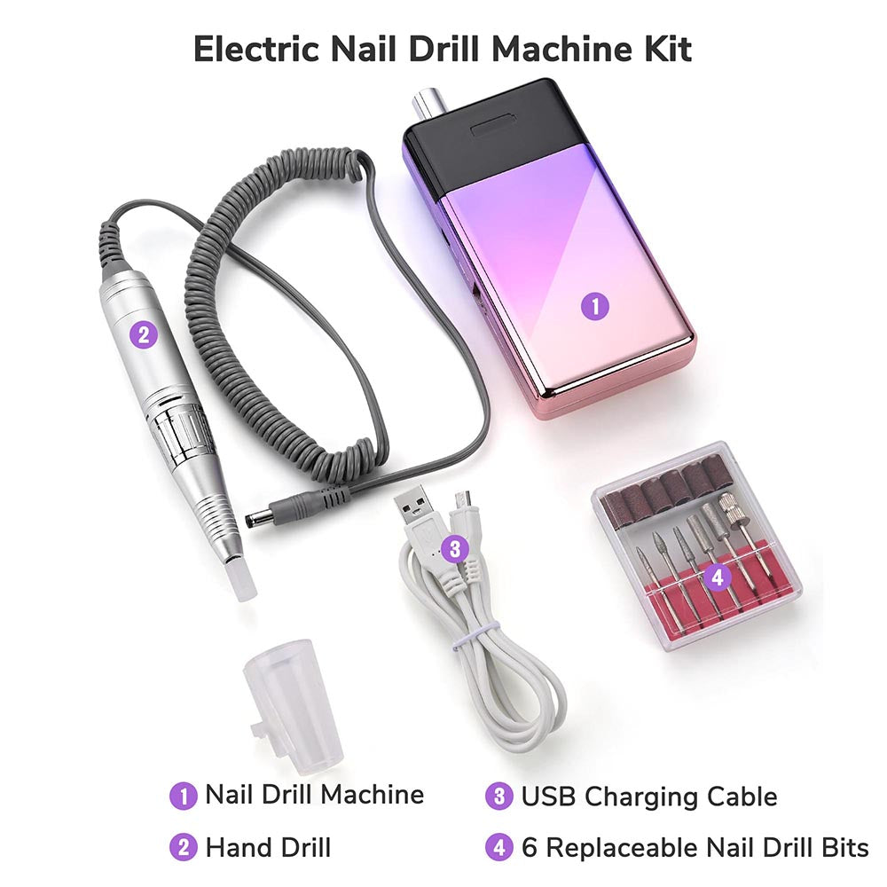 Rechargeable Nail Drill Machine for Acrylic Nails - Professional Manicure & Pedicure Kit with 6 Bits & LED Light | Perfect for Home Salon, Nail Art Design & DIY Nail Care