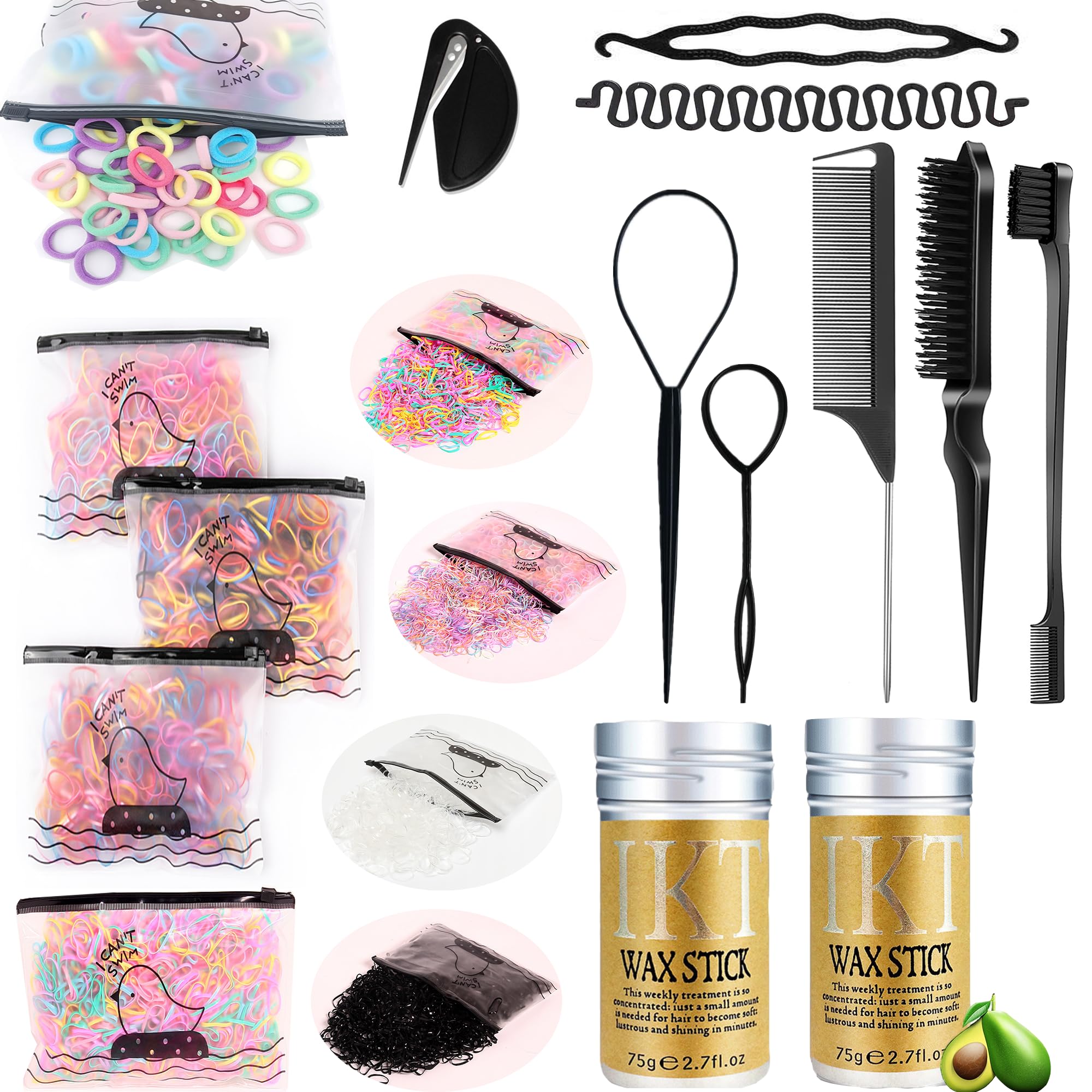 Elastic Hair Ties for Kids - Mini Hair Rubber Bands with Hair Wax & Slick Back Brush Set | Colorful Baby Hair Bands for Girls | Perfect for School, Sports & Daily Styling