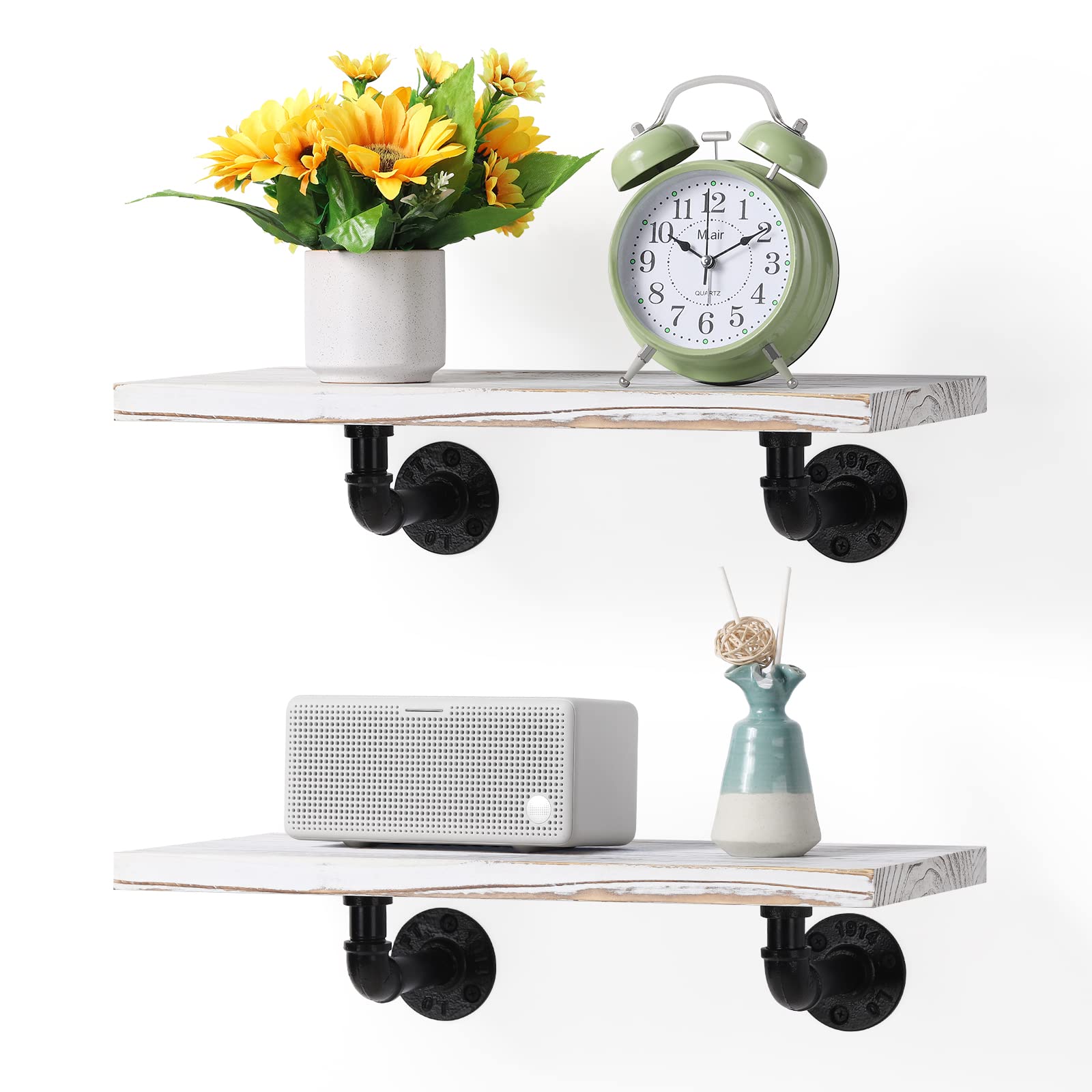 LIANTRAL Floating Wall Shelves Set of 2 - Rustic Industrial Pipe Bracket Wooden Shelves - Farmhouse Style Brown-Whitewash Hanging Shelves for Bedroom, Living Room, Kitchen - Perfect for Home Decor, Books & Display
