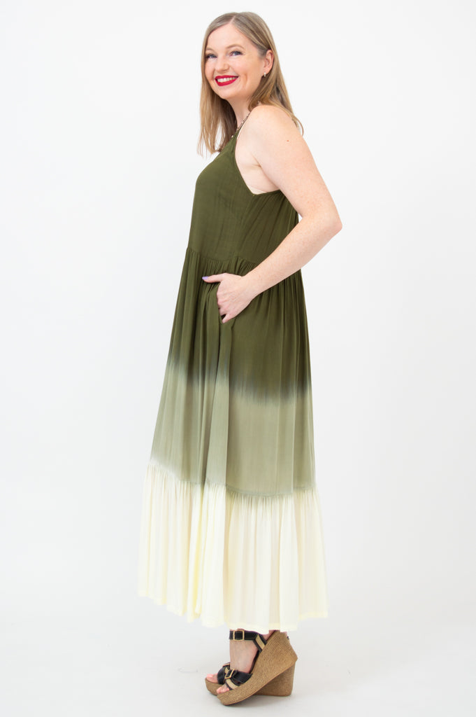 Boho Green Dip Dye Maxi Dress for Women - Flowy Summer Beach Dress for Vacation, Music Festivals & Outdoor Events