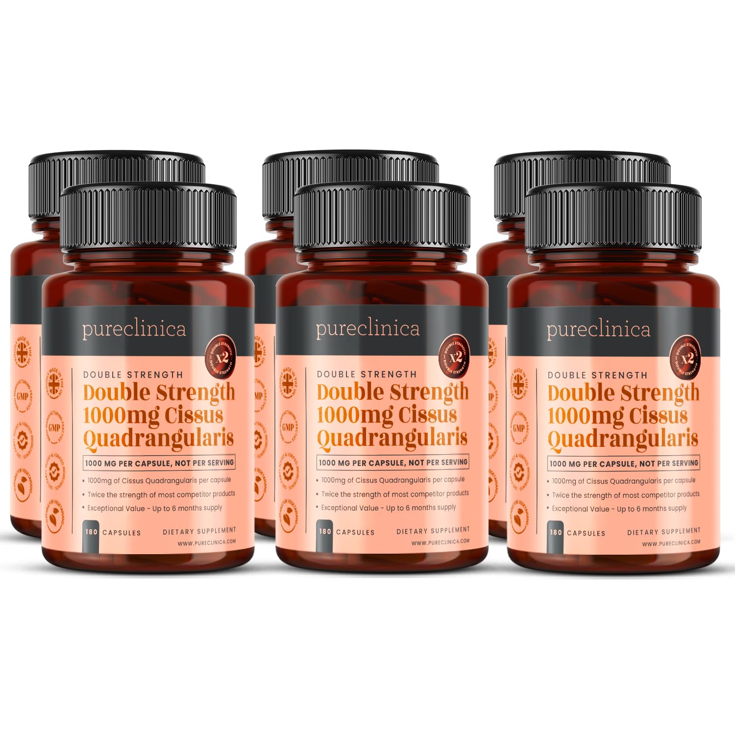 Double Strength Cissus Quadrangularis 1000mg - 1080 Veggie Capsules (6 x 180 Bottles) | Joint Support & Bone Health Supplement | Ideal for Athletes, Fitness Enthusiasts & Active Lifestyles