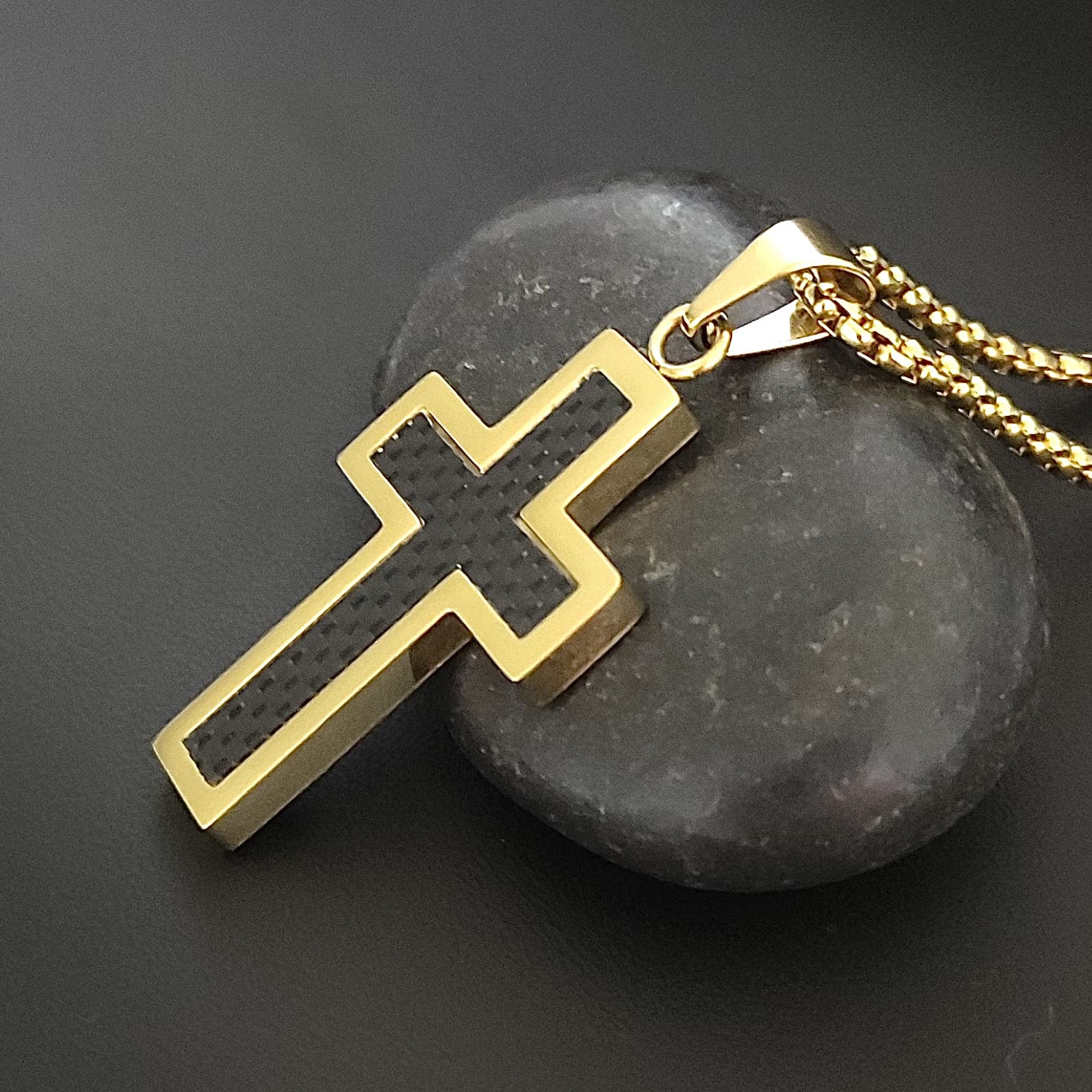 Stainless Steel & Black Carbon Fiber Cross Pendant Necklace for Men - 18