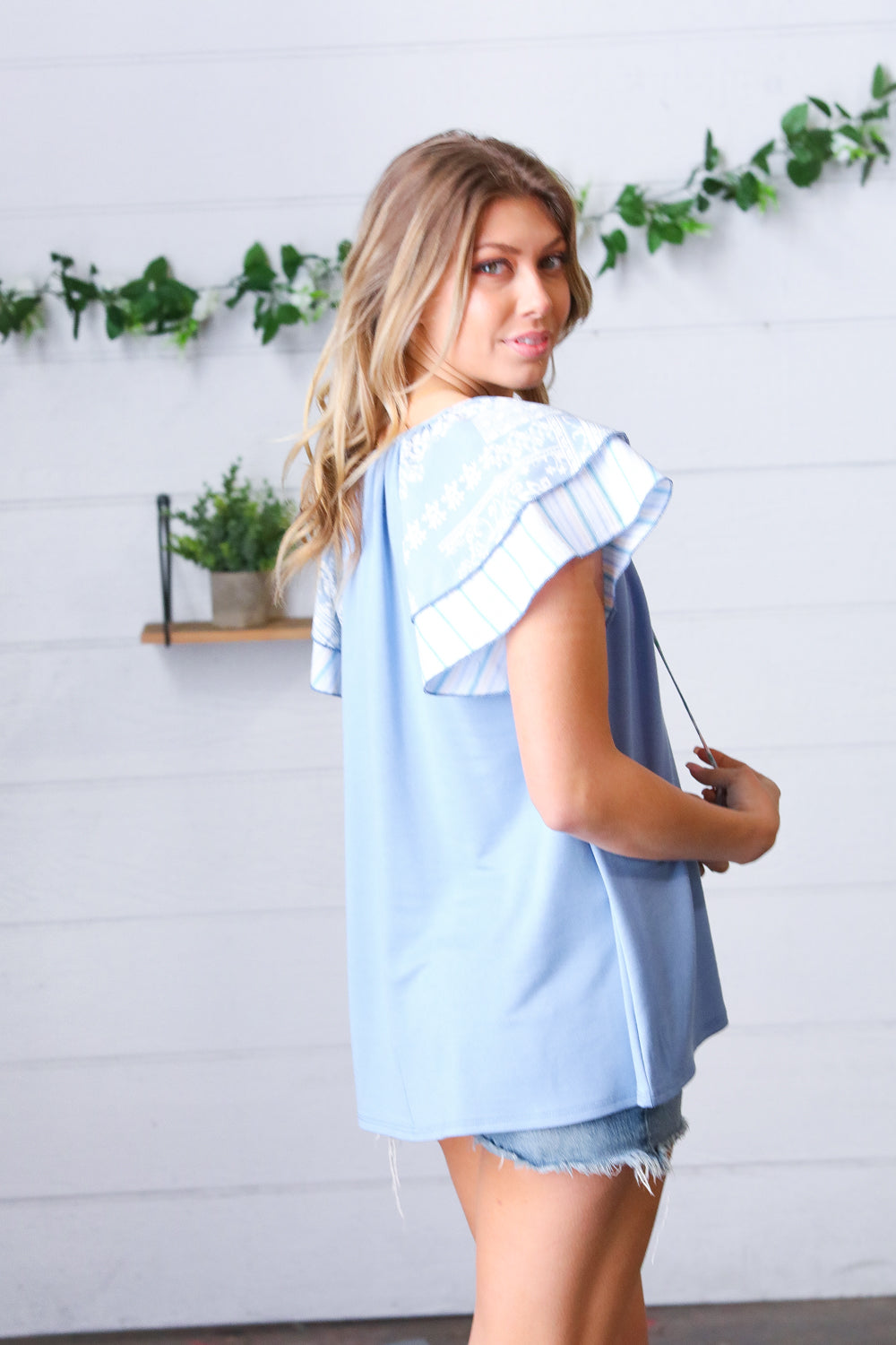 Blue Floral & Stripe V-Neck Tie Double Flutter Sleeve Blouse for Women | Summer Casual Tops for Work, Date Night & Outdoor Activities