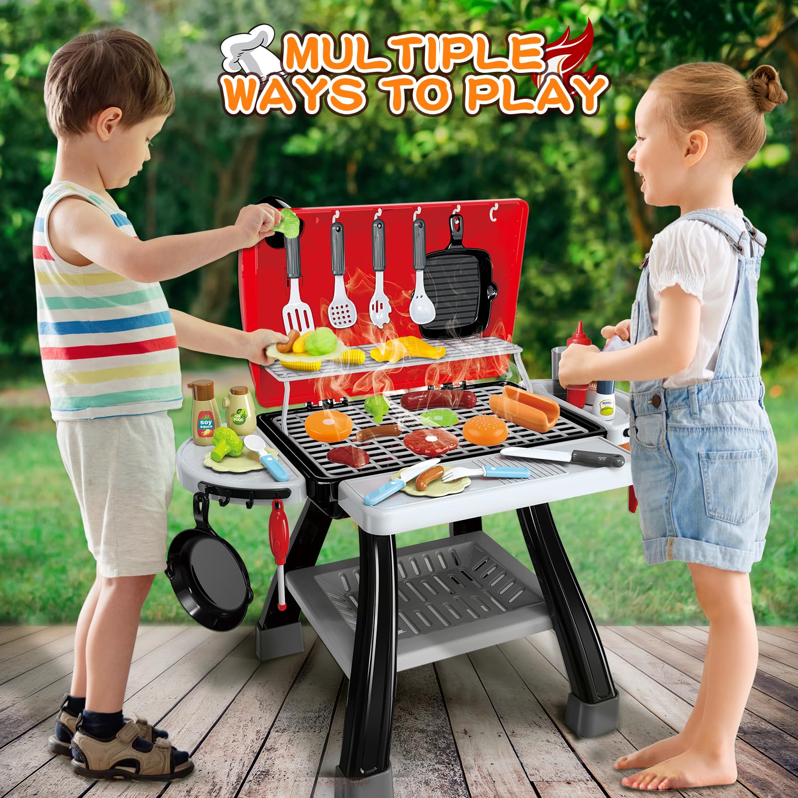 **Kids Play Kitchen Toys - Realistic BBQ Grill Playset with Smoke, Sound & Light | Pretend Cooking Set with Play Food | 2-Layer Outdoor Barbecue Toy for Toddlers (Boys & Girls Ages 3-5) | Perfect for Indoor & Outdoor Imaginative Play**