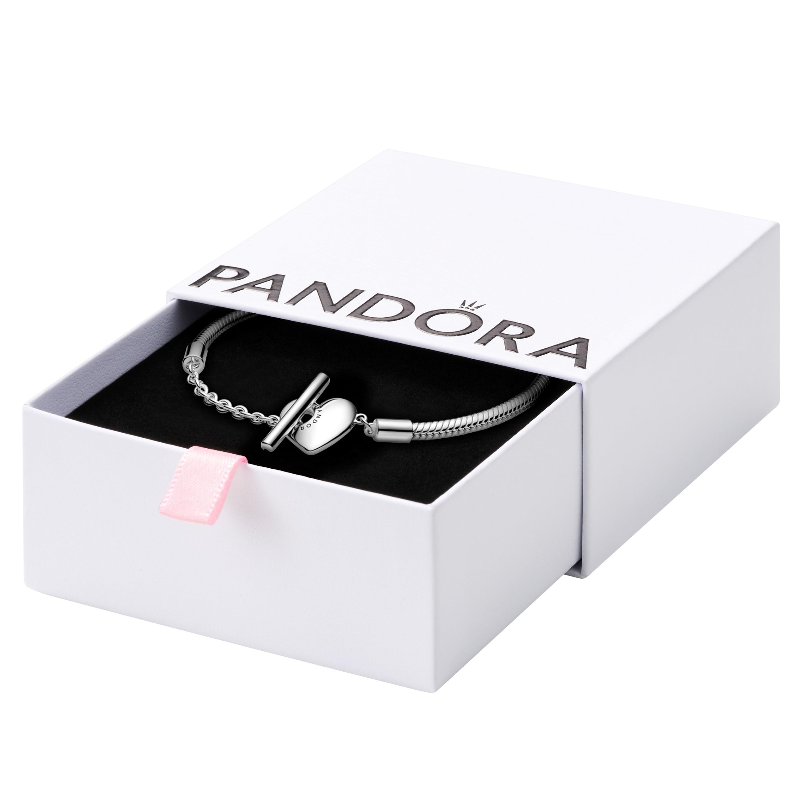 PANDORA Moments Heart T-Bar Closure Snake Chain Bracelet - Sterling Silver Charm Bracelet for Women - Compatible with PANDORA Charms - Elegant Gift for Her with Gift Box - Perfect for Anniversaries, Birthdays & Special Occasions