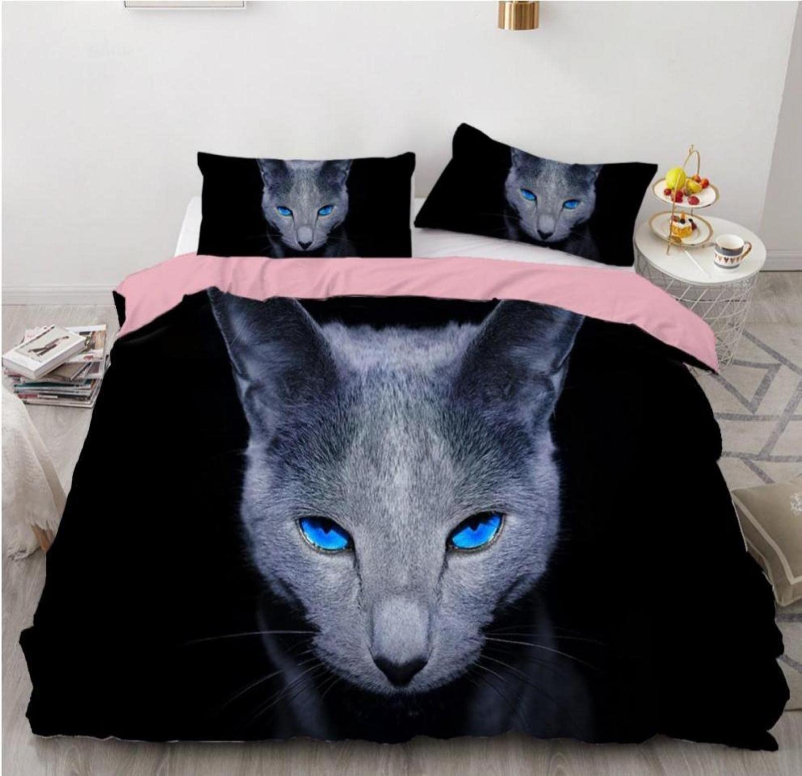 Russian Blue Cat Duvet Cover Queen Size - Black Luxury Microfiber Bedding Set with 2 Pillow Shams (20