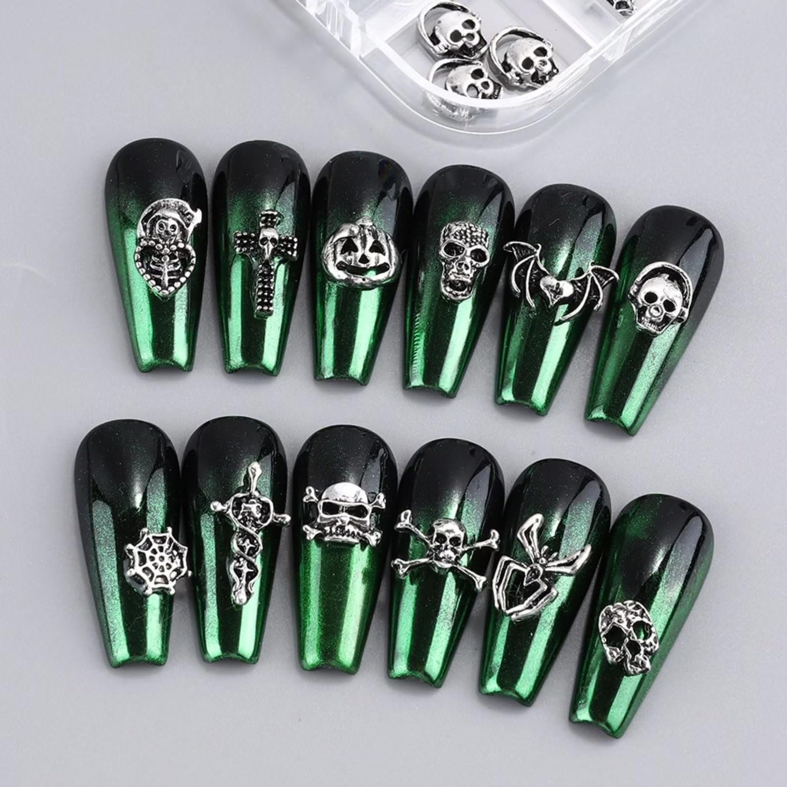 36Pcs Halloween Nail Art Charms - 3D Cross & Skull Shape Nail Gems, Shiny Acrylic Nail Jewelry Accessories with Storage Box for Halloween Parties, Cosplay & Nail Salon Decorations