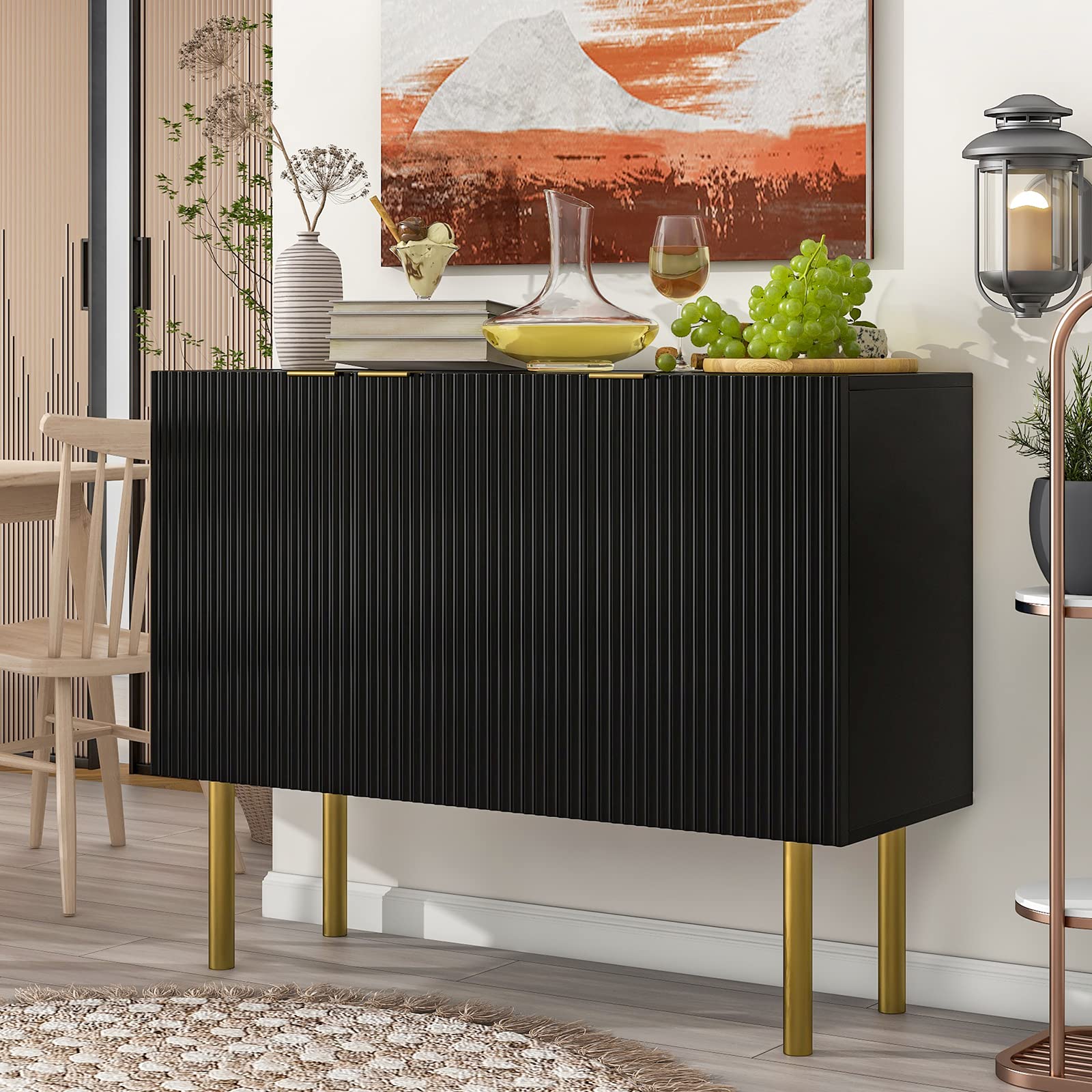 Modern 3-Door Kitchen Buffet Cabinet with Adjustable Shelves - Light Luxury Floor Cabinet with Gold Metal Legs & Handles, Wood Accent Storage for Living Room & Dining Room (47.2