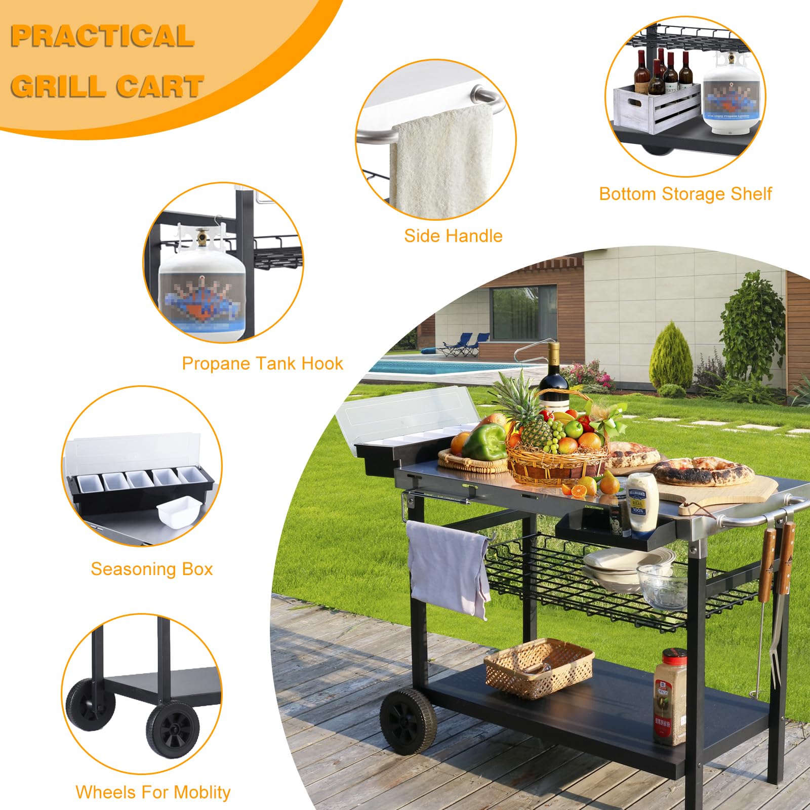 Premium Stainless Steel Outdoor Grill Cart with Wheels - Heavy Duty BBQ Prep Table for Backyard, Patio & Camping - Perfect for Grilling, Smoking & Outdoor Cooking Accessories
