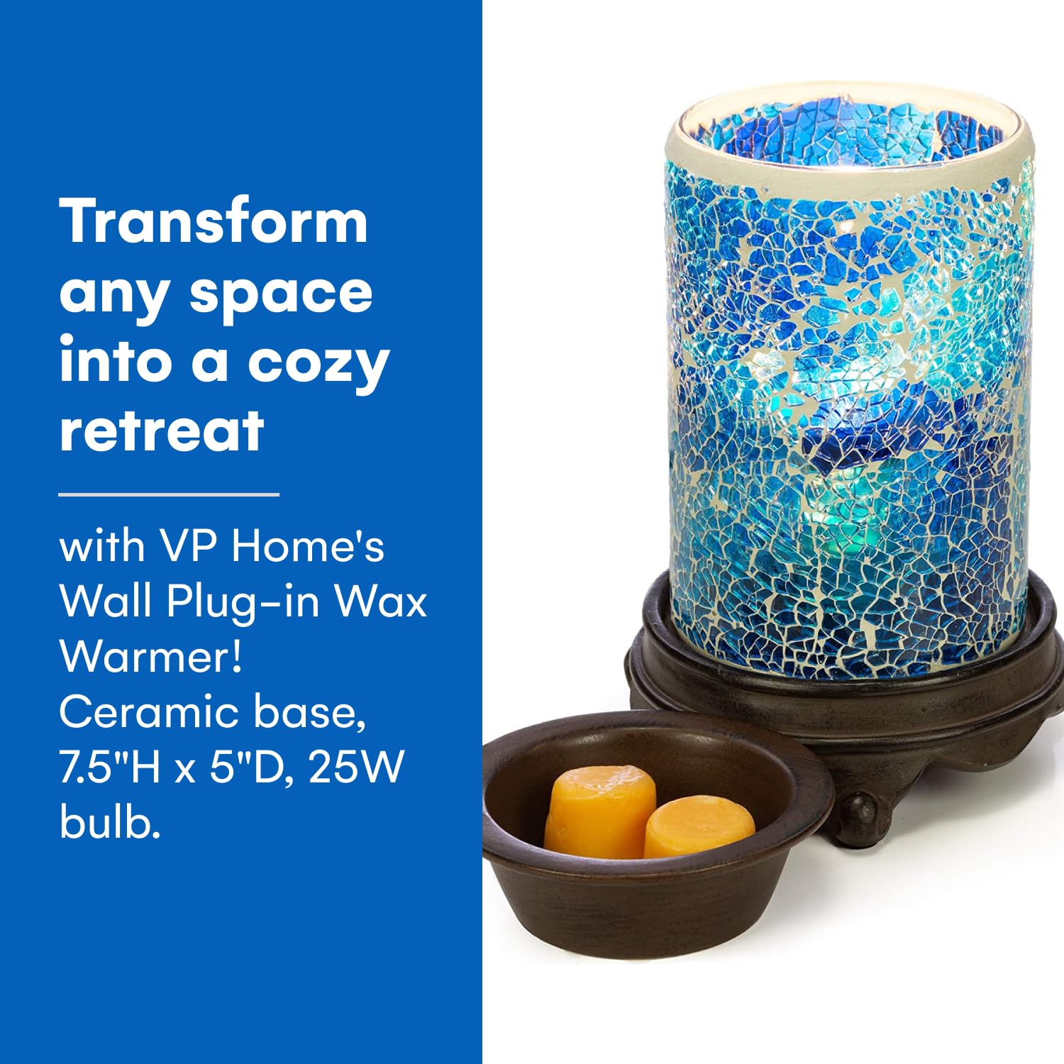 VP Home Wall Plug-in Wax Warmer - Mosaic Glass Mediterranean Blue Electric Scented Wax Melter for Essential Oils & Candle Tarts - Aromatherapy Diffuser & Night Light for Bedroom, Bathroom, Office Relaxation