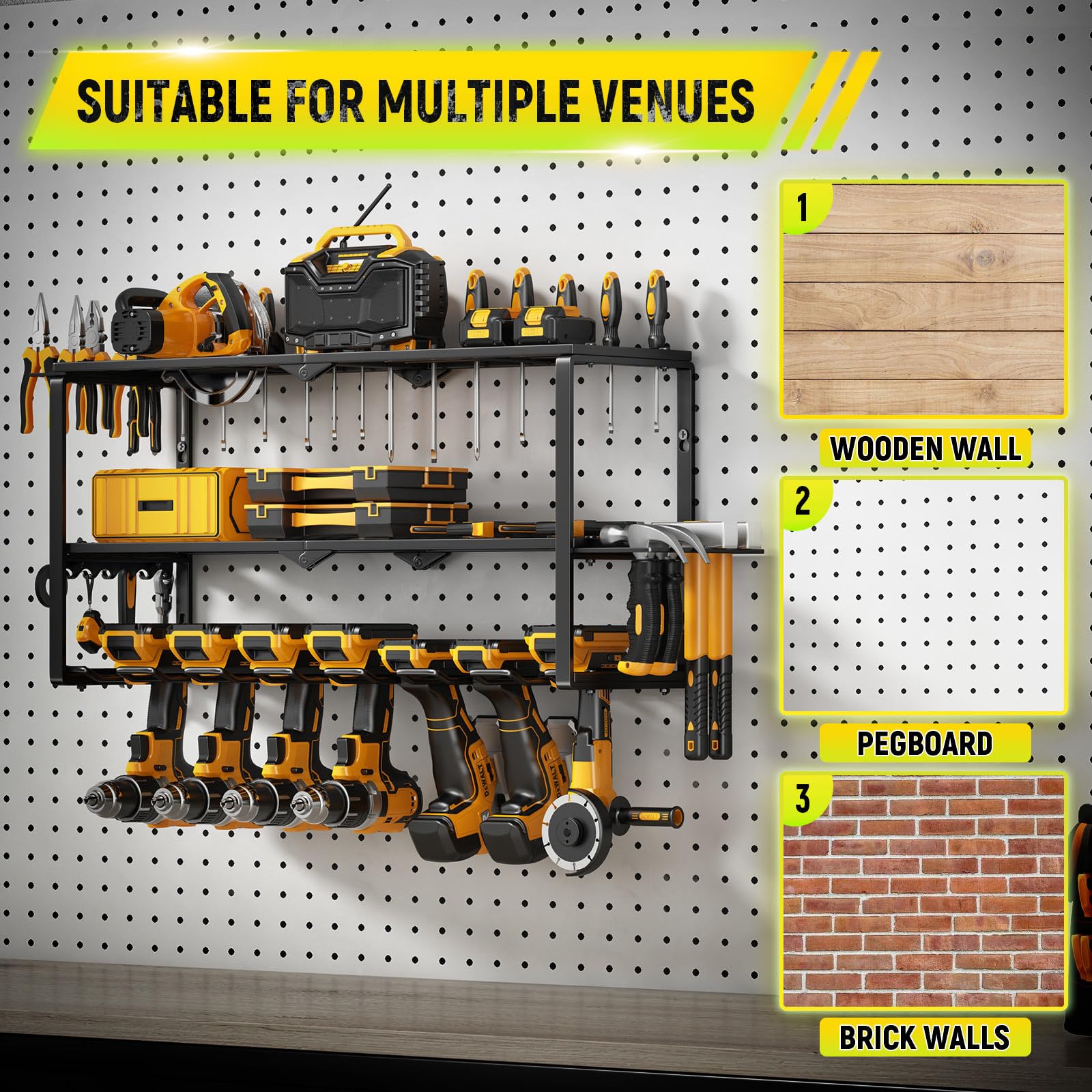 Heavy Duty Wall Mount Power Tool Organizer - 3-Tier Storage Rack with 7 Drill Holders, 150Lbs Capacity for Cordless Drills & Garage Tools | Workshop, Shed, Basement & Pegboard Organization