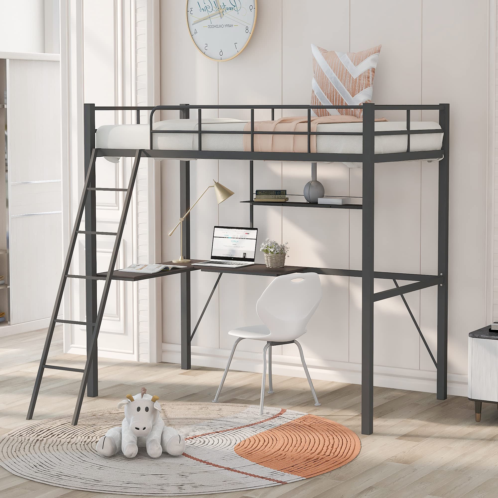 LXBB Twin Metal Loft Bed with L-Shaped Desk & Storage - Space-Saving Heavy Duty Bunk Bed Frame with Ladder & Safety Rails for Kids, Teens & Adults (Gray) - Perfect for Small Bedrooms, Dorms & Studio Apartments