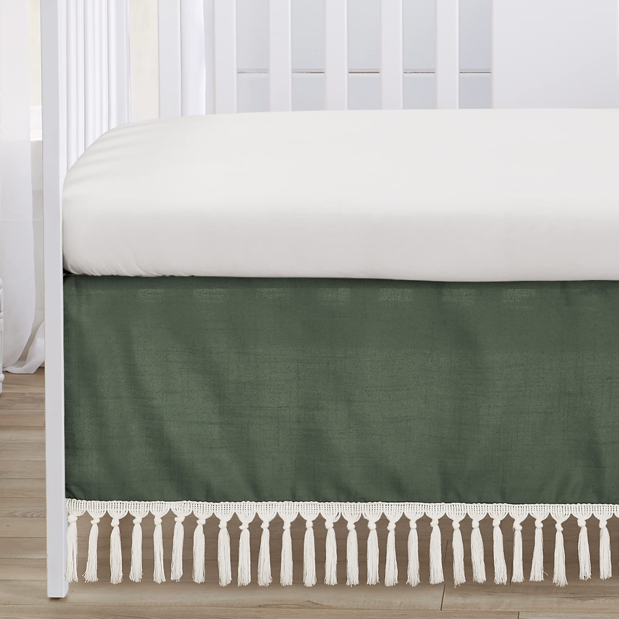 Sweet Jojo Designs 4-Piece Baby Crib Bedding Set - Boho Chic Cotton Nursery Set for Boys & Girls | Includes Blanket, Fitted Sheet, Skirt & Diaper Stacker | Sage Green Linen Chevron Neutral Farmhouse Style | Perfect for Newborn Nursery, Baby Shower Gift & Gender-Neutral Nursery Decor