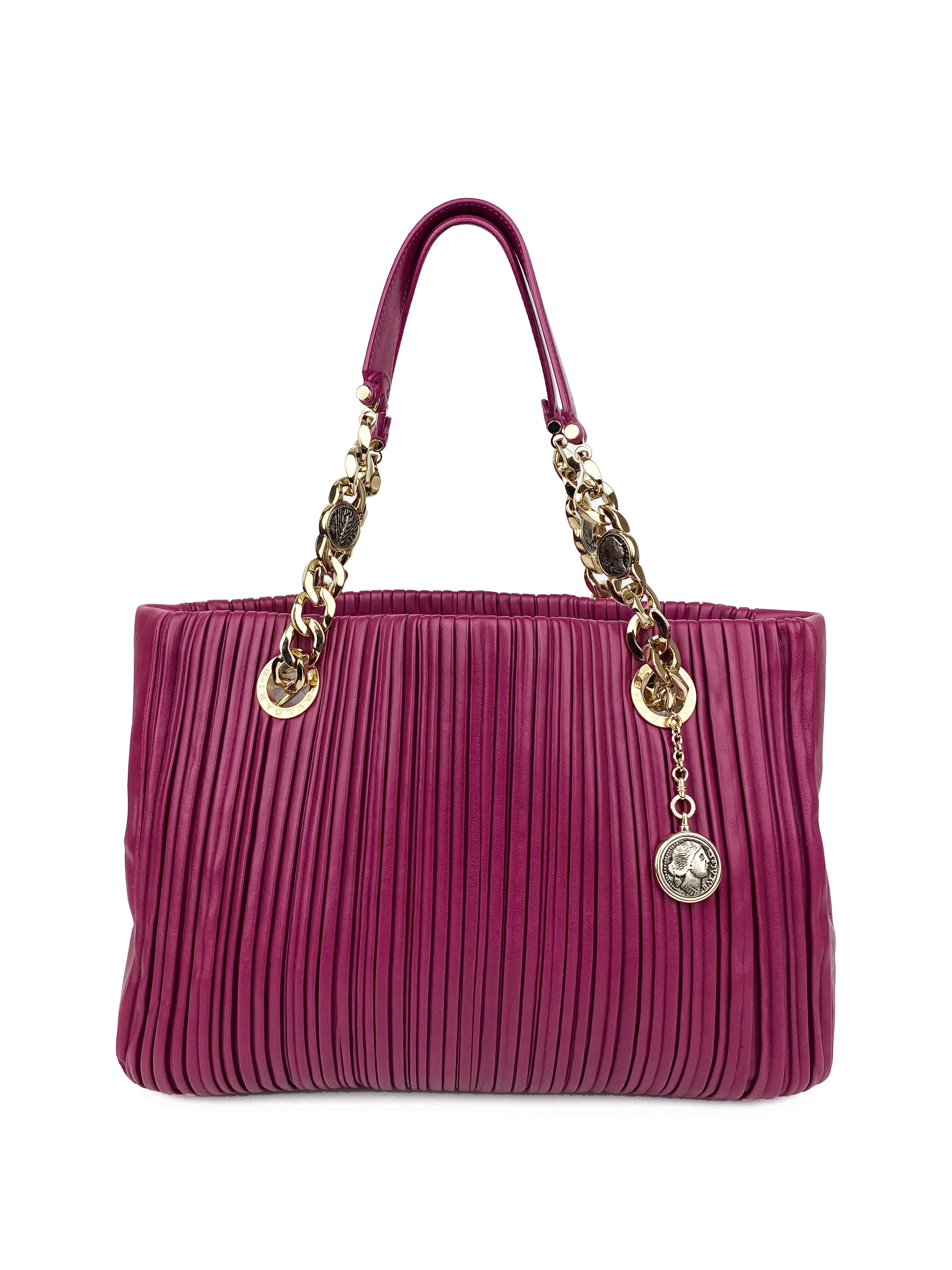 Bvlgari Purple Monte Plisse Tote Bag for Women | Luxury Leather Handbag | Elegant Shoulder Bag for Work, Travel & Evening Events