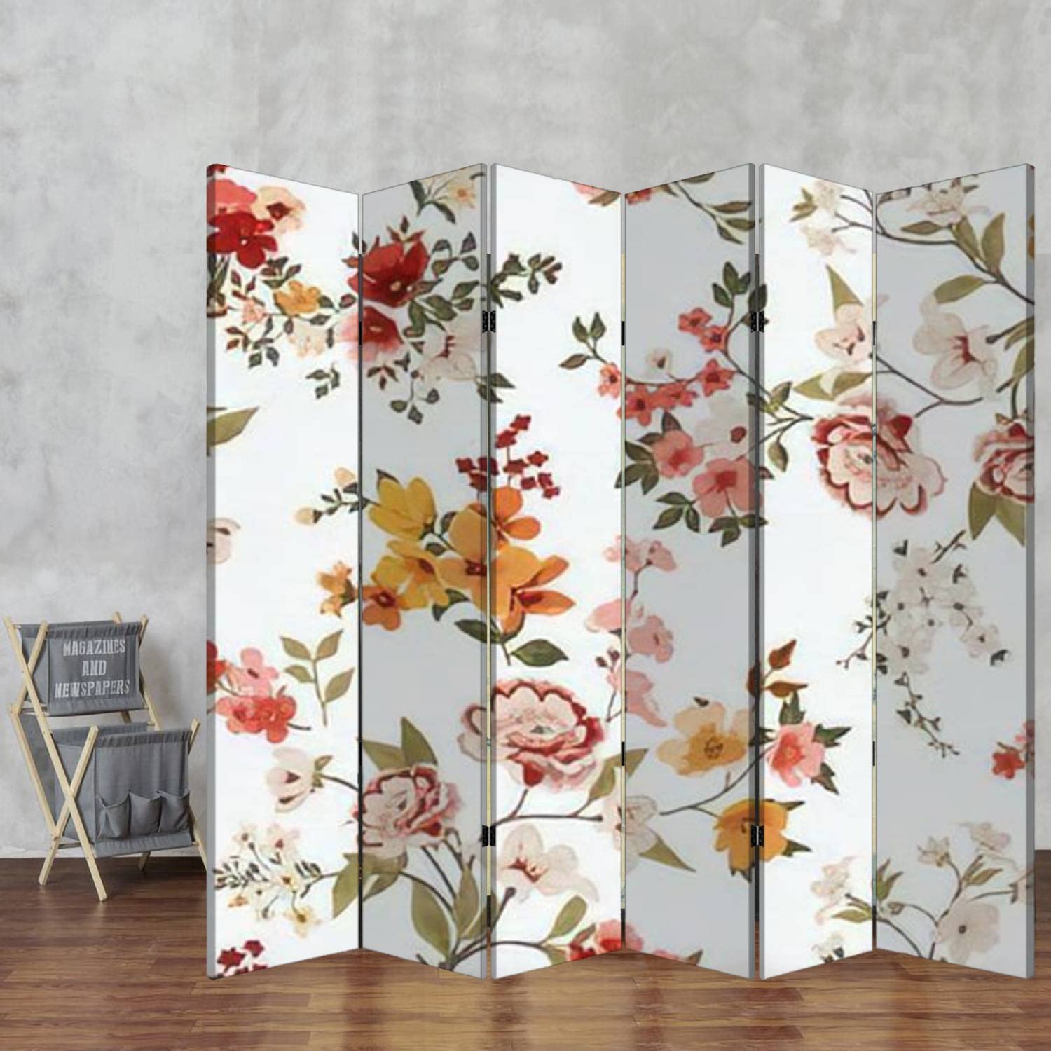 6-Panel Wooden Room Divider with Floral Print - Folding Privacy Screen, Dual-Sided Canvas Partition for Indoor Spaces | Perfect for Home Office, Bedroom Separation & Decorative Display
