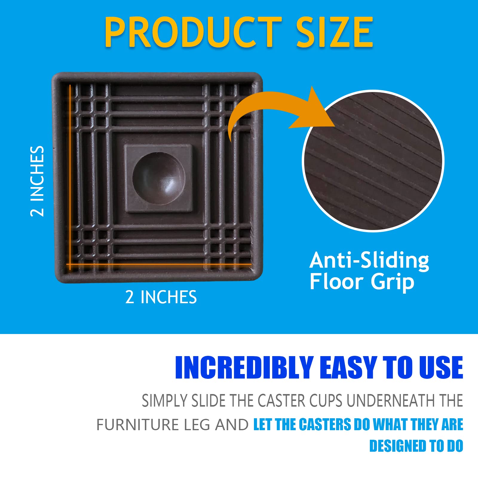 2X2 Inch Square Rubber Furniture Caster Cups - Non-Slip Floor Protectors (4 Pack) - Heavy Duty Furniture Coasters for Chairs, Sofas & Tables - Brown Anti-Skid Pads for Hardwood & Tile Floors - Perfect for Home, Office & Restaurant Use