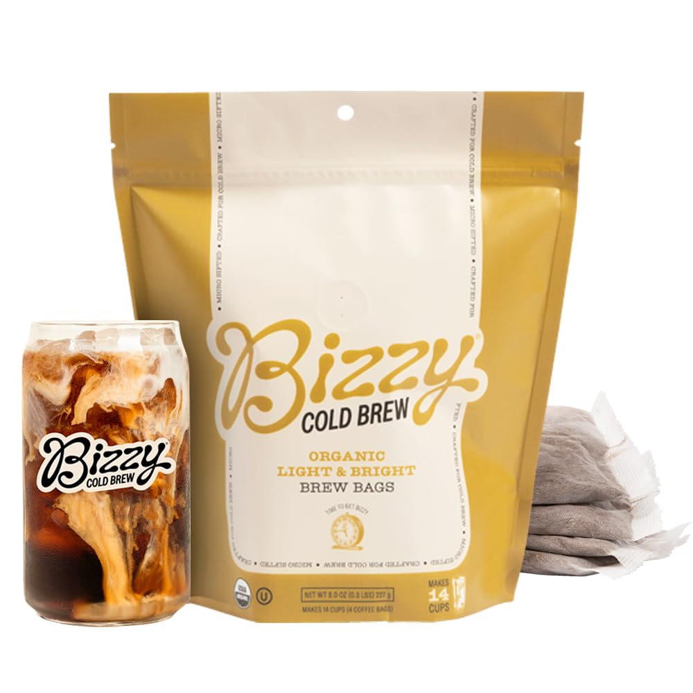 Bizzy Organic Cold Brew Coffee - Light & Bright Blend, Coarse Ground, Light Roast, Micro Sifted, Specialty Grade 100% Arabica | 4 Brew Bags (Makes 14 Cups) | Perfect for Iced Coffee, Office Use & Camping